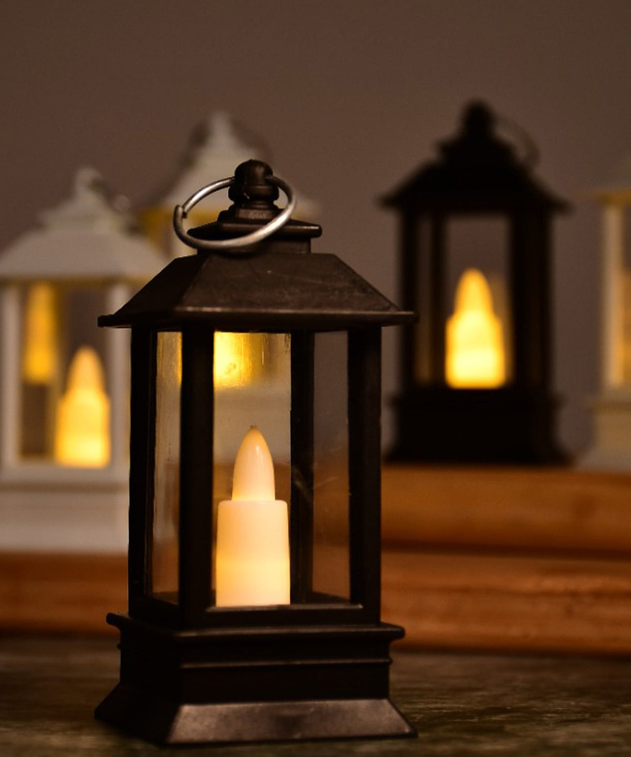 Rustic lantern with battery-operated light.