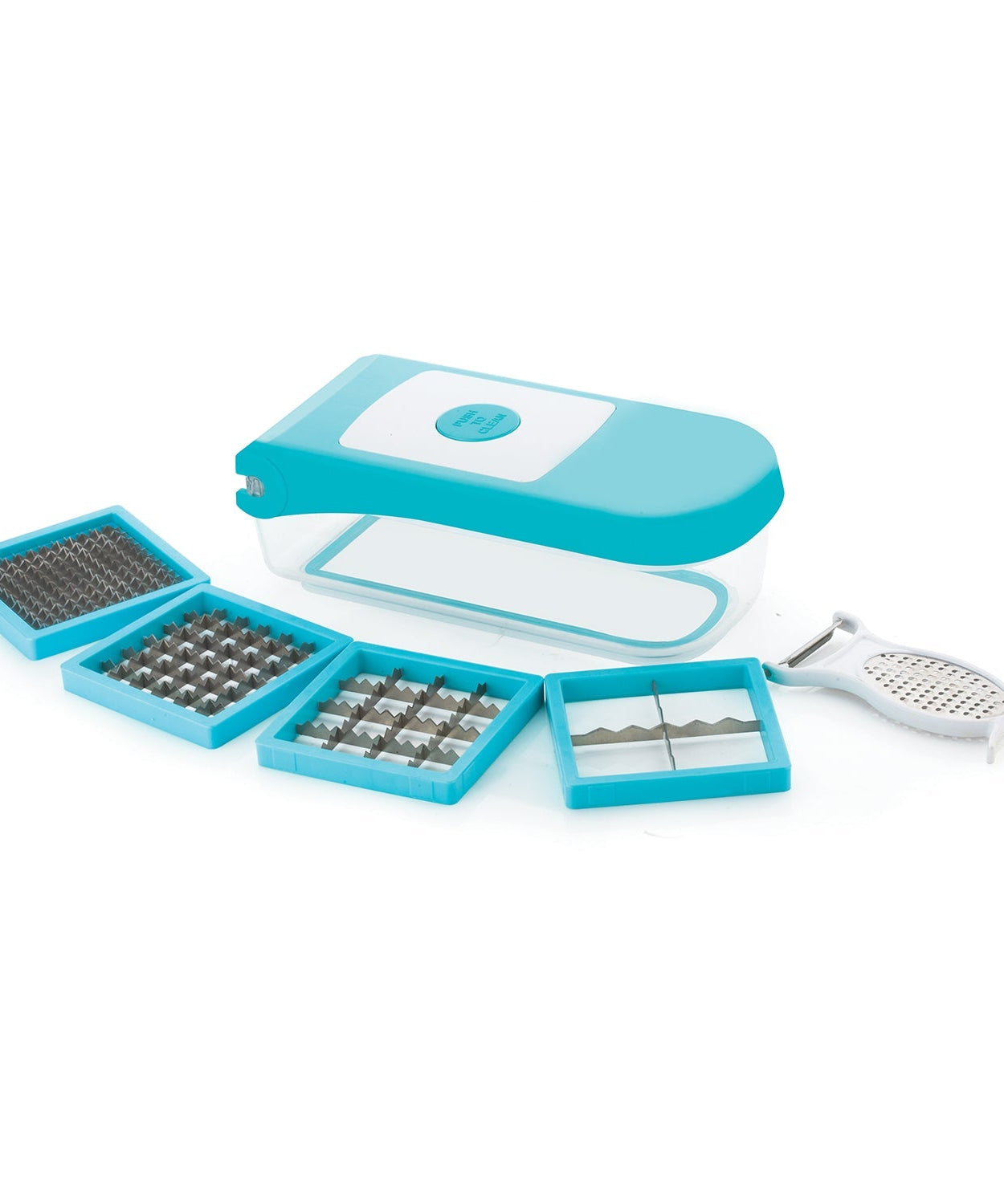 Ganesh 7-in-1 dicer in blue, various angles and details.