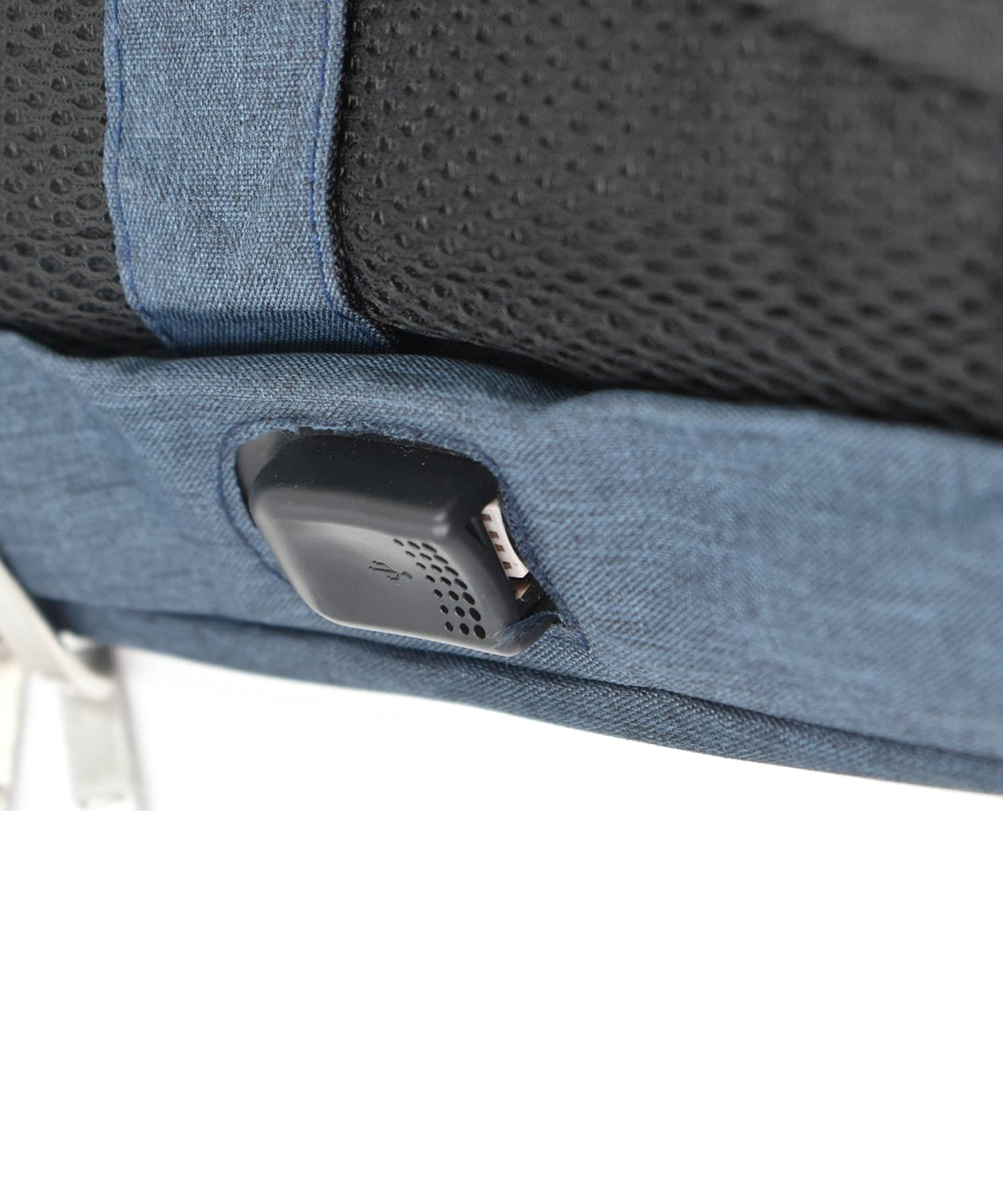 Detailed view of USB point in laptop bag.