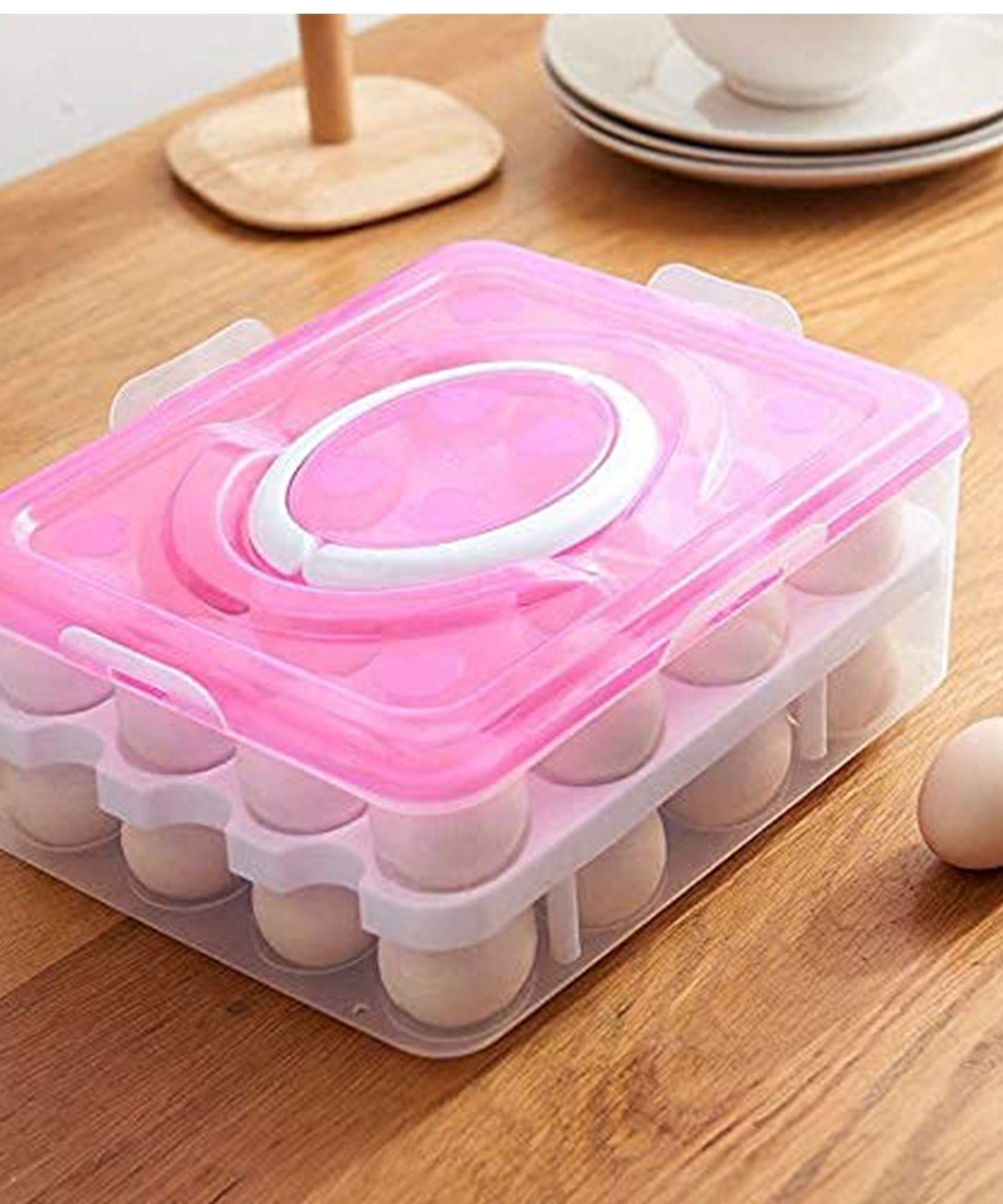 2Layer, 32 Grid Egg Tray with Lid Egg Carrier Holder for Refrigerator, Camping Food Storage Container with Handle (1 Pc )