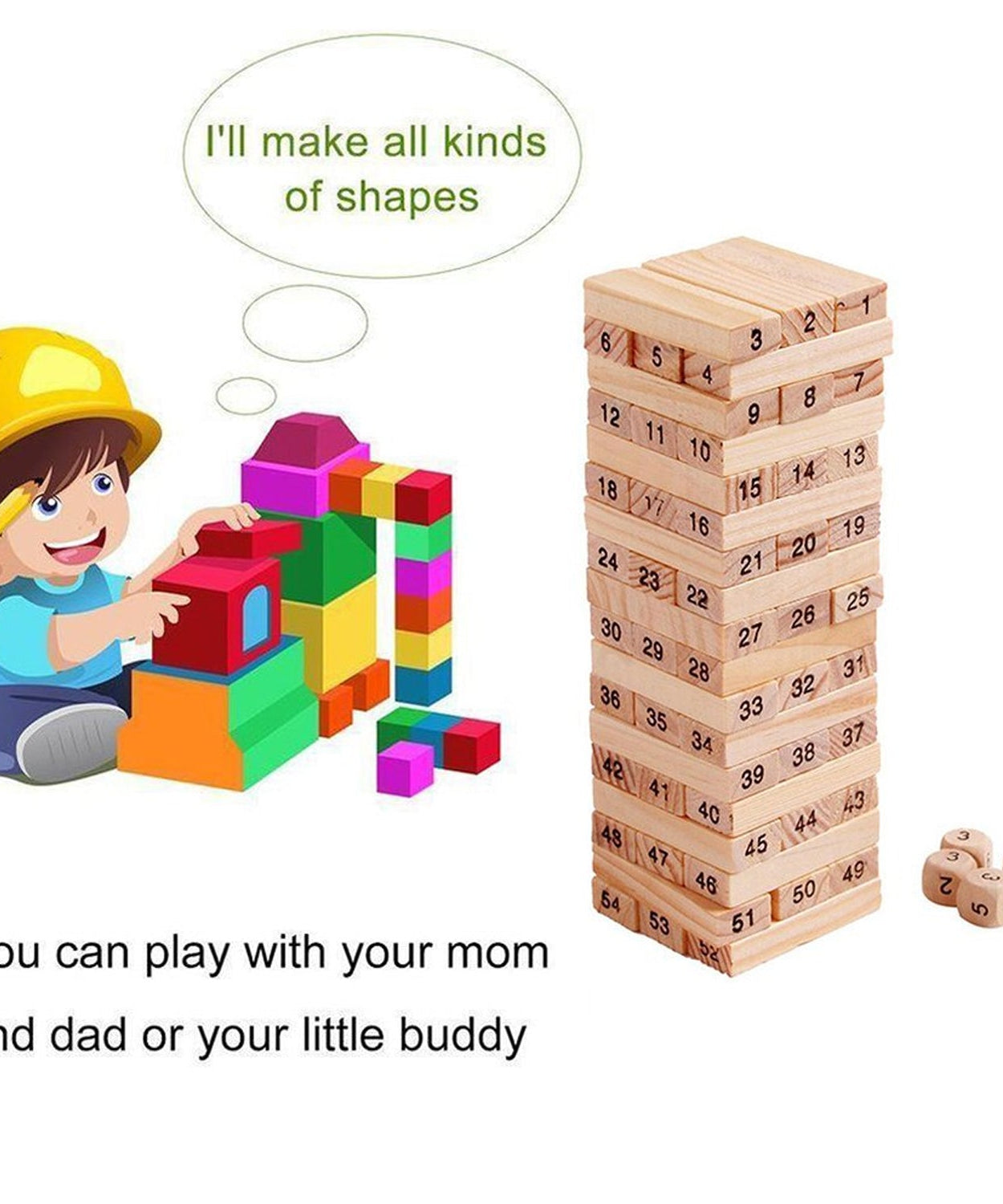 54 Pcs Blocks 4 Dices Wooden Tumbling Stacking Building