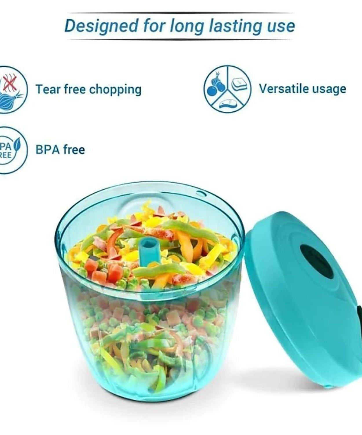 Compact and extra sharp hand-held vegetable slicer with a 750 ml bowl