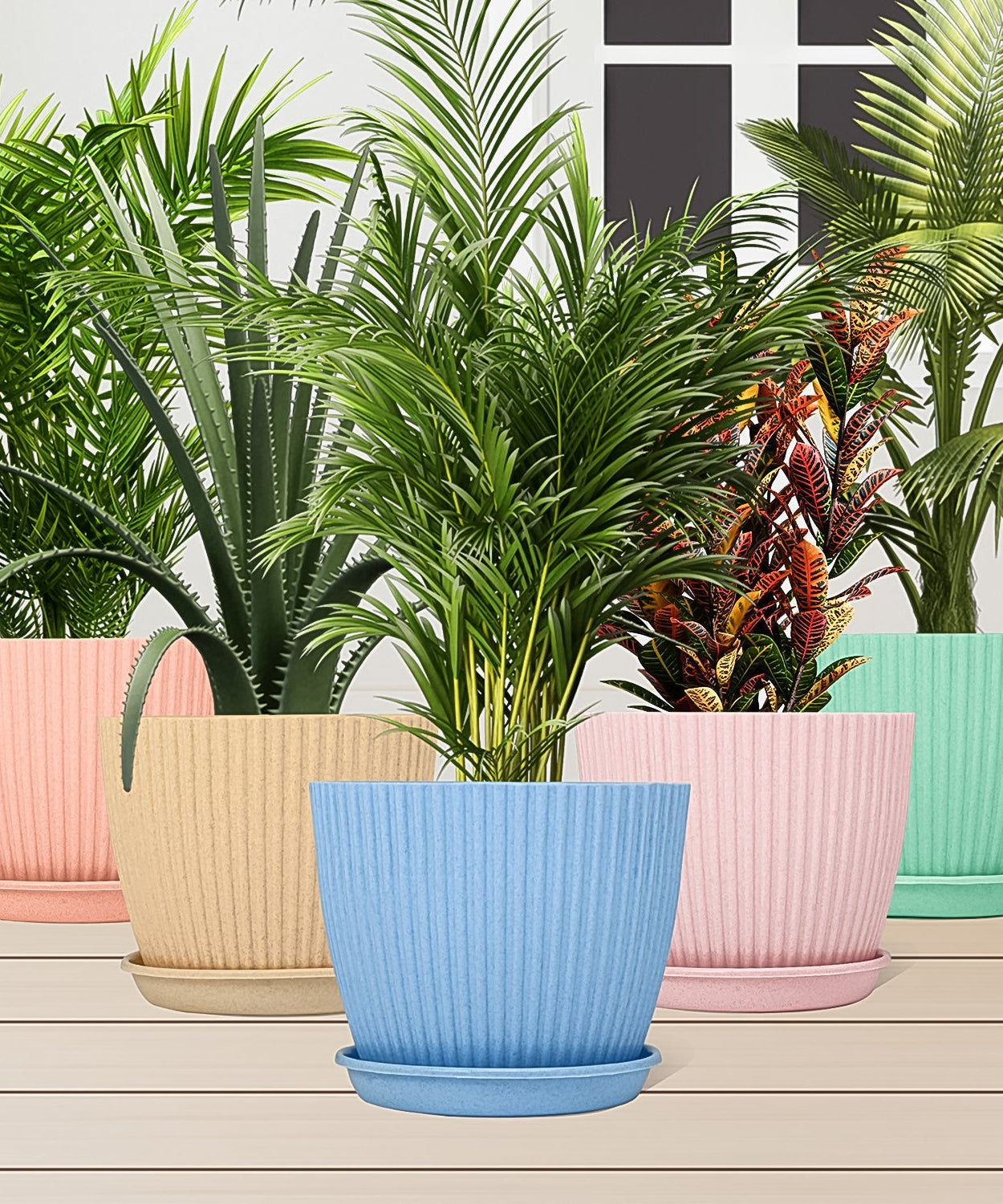 Round Flower Pot with Bottom Tray (5 Pcs Set / Small / 14×16 Cm)