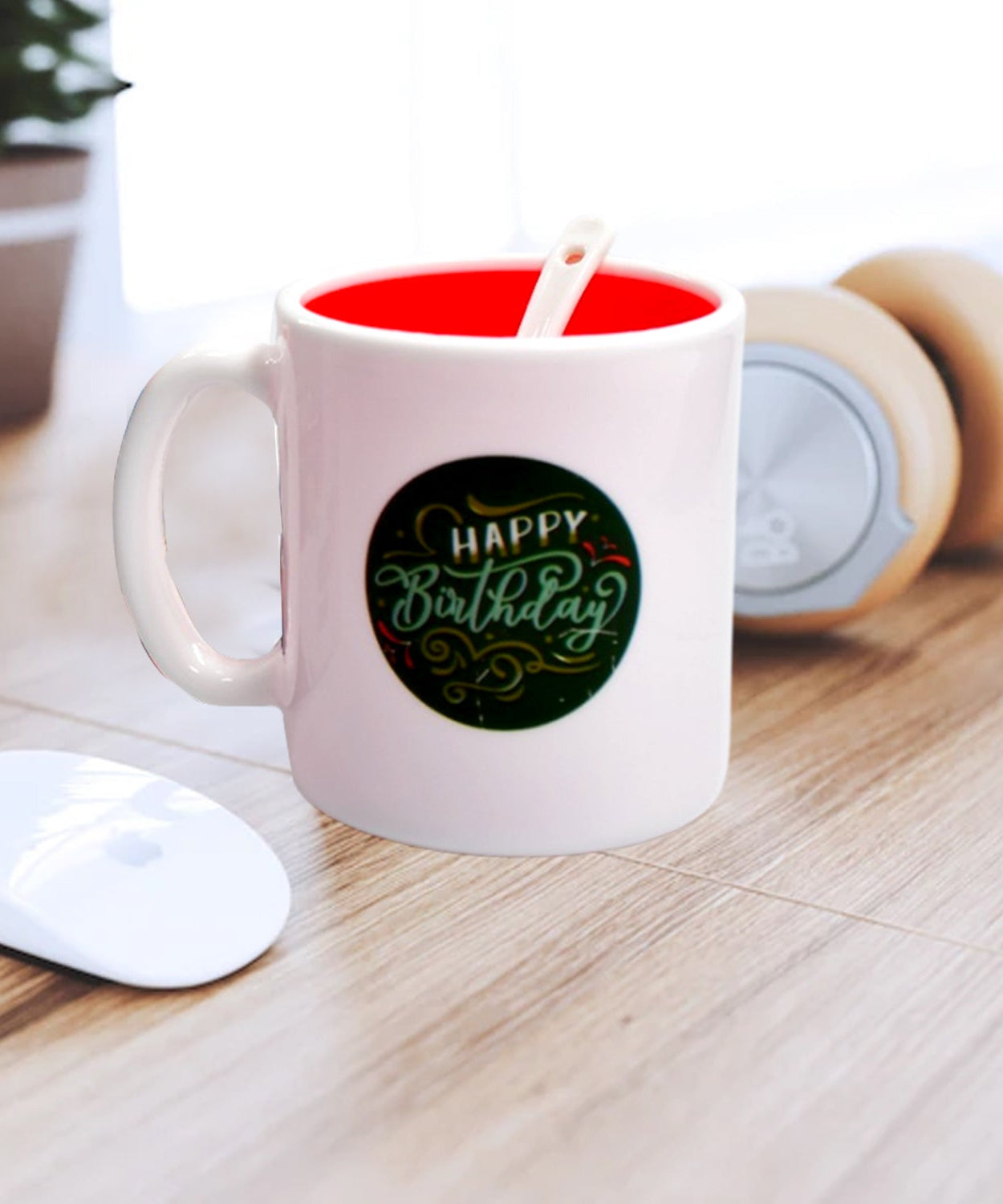 Coffee mug with a unique mixed design.