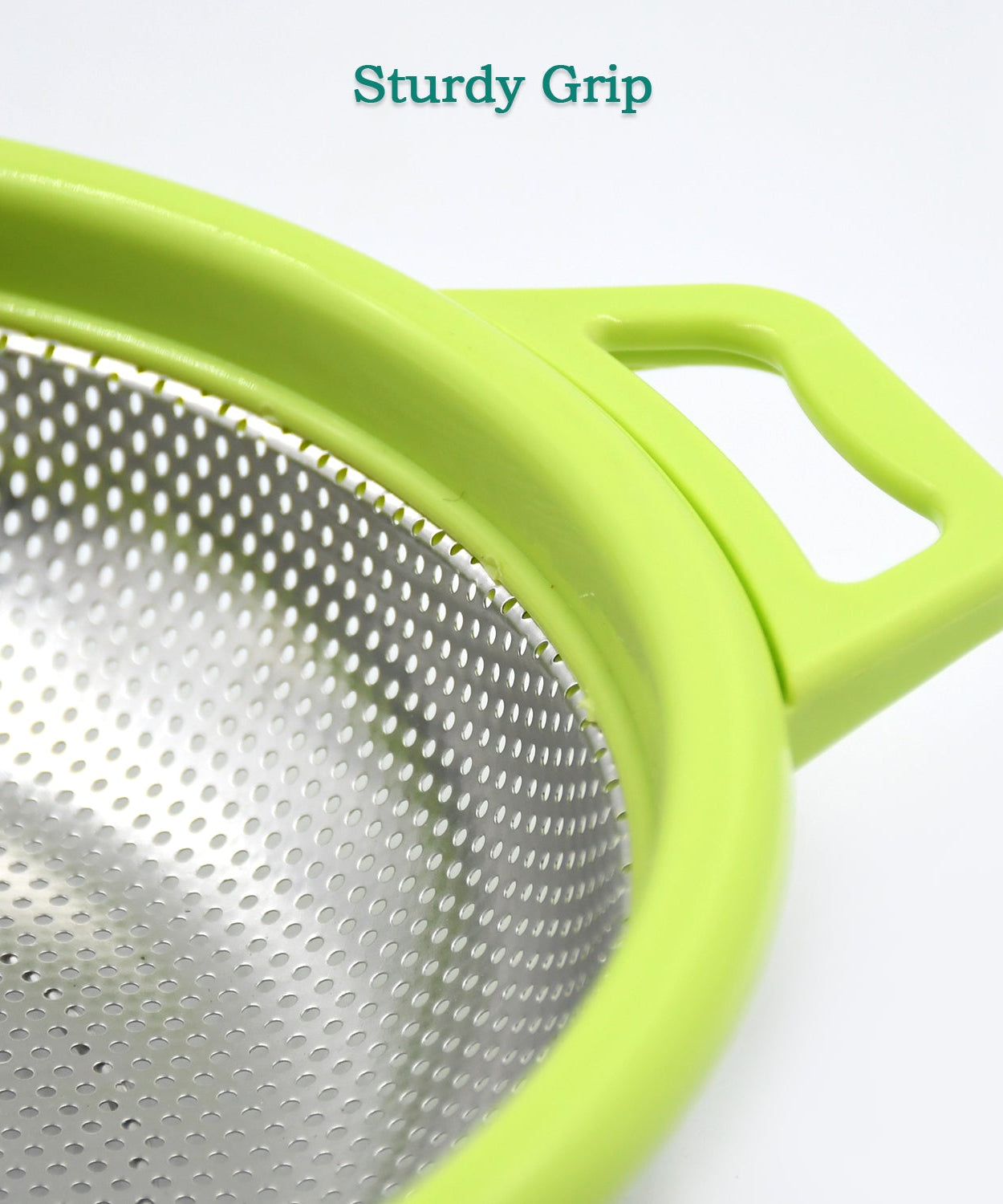Green colander with water dripping