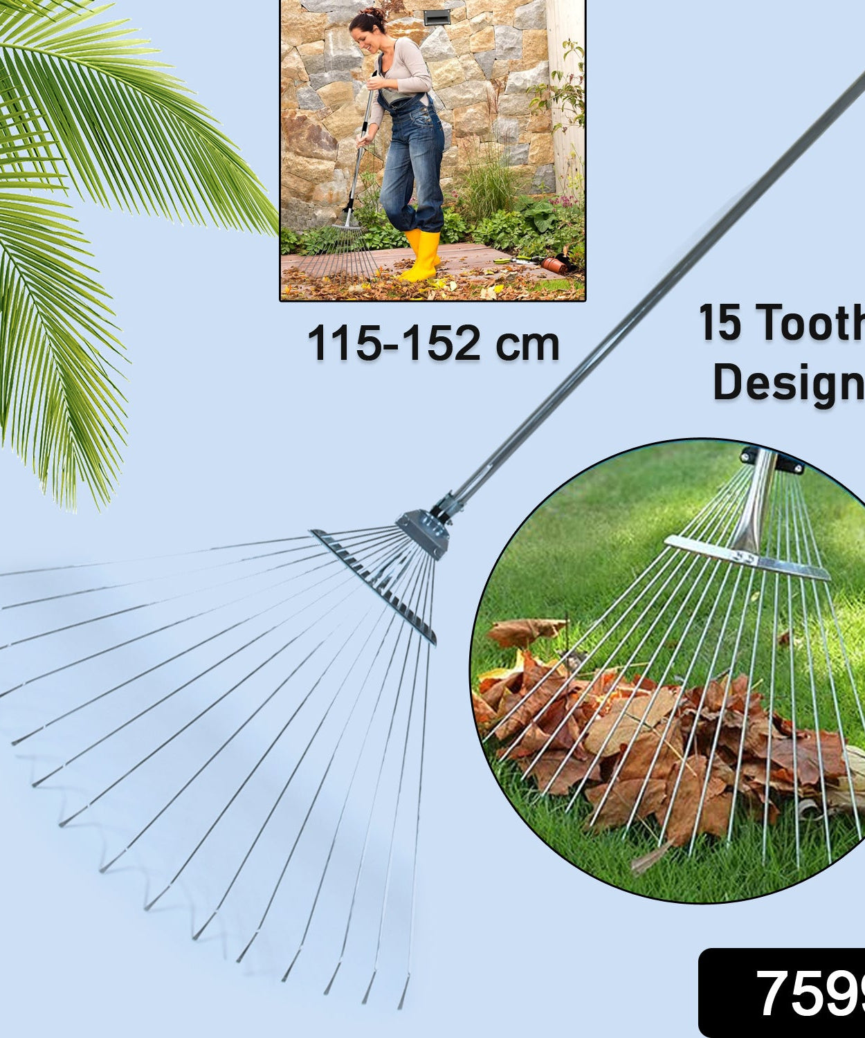 115-152 CM Rake for Gardening, Stainless Steel Telescopic Garden Rake for Quick Clean Up of Lawn and Yard, Adjustable Rake Claws Spacing Garden Broom with Long Handle for Clean Leaves (MOQ :- 12 pc)