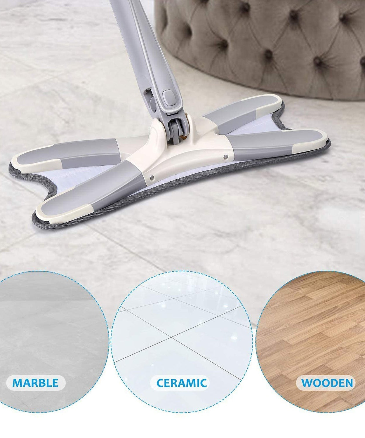 Adjustable 360° mop for multi-surface cleaning at home