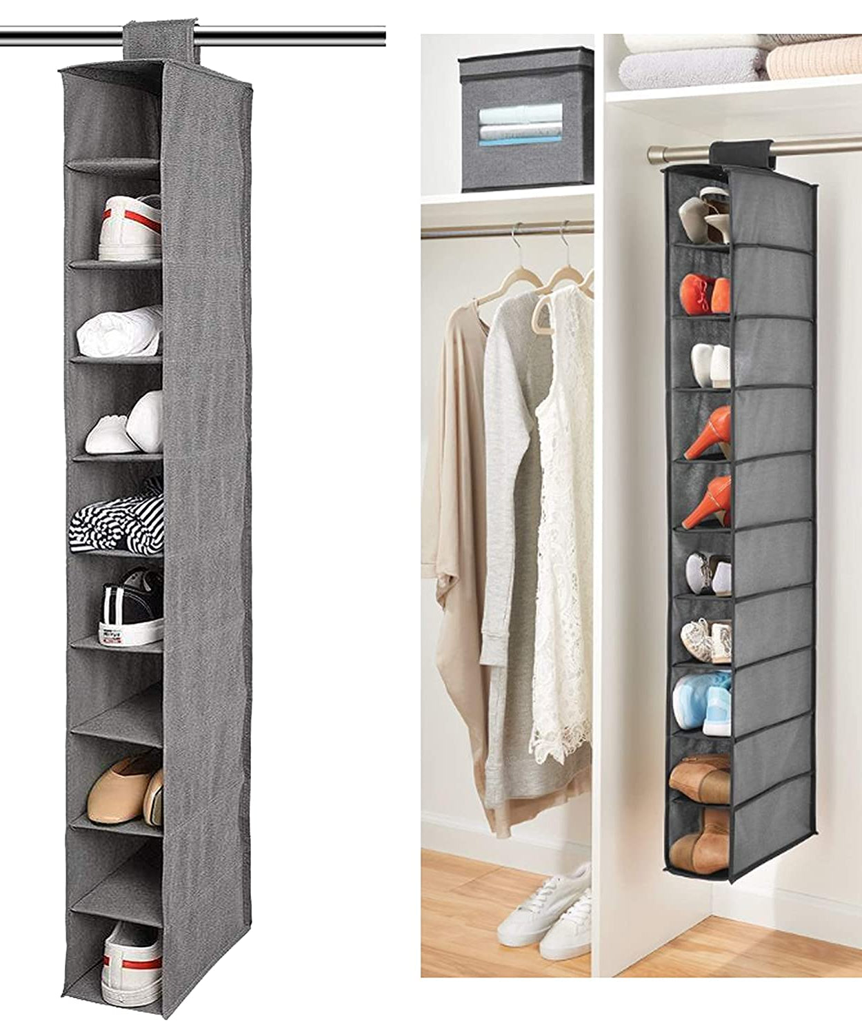 Fabric wardrobe rack with 10 tiers, angled view