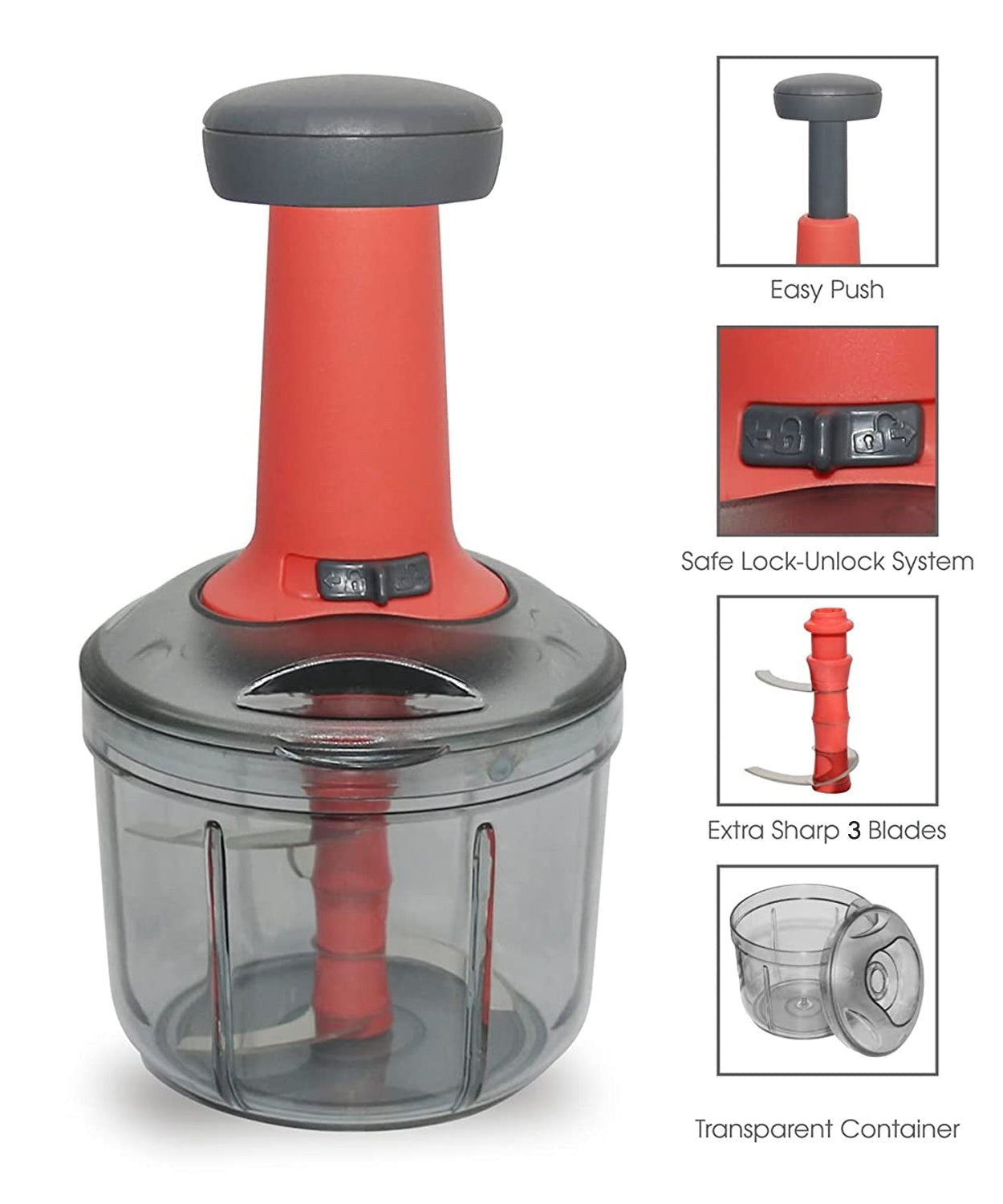 Mini hand press chopper, matte finish, 3 blades, detailed view