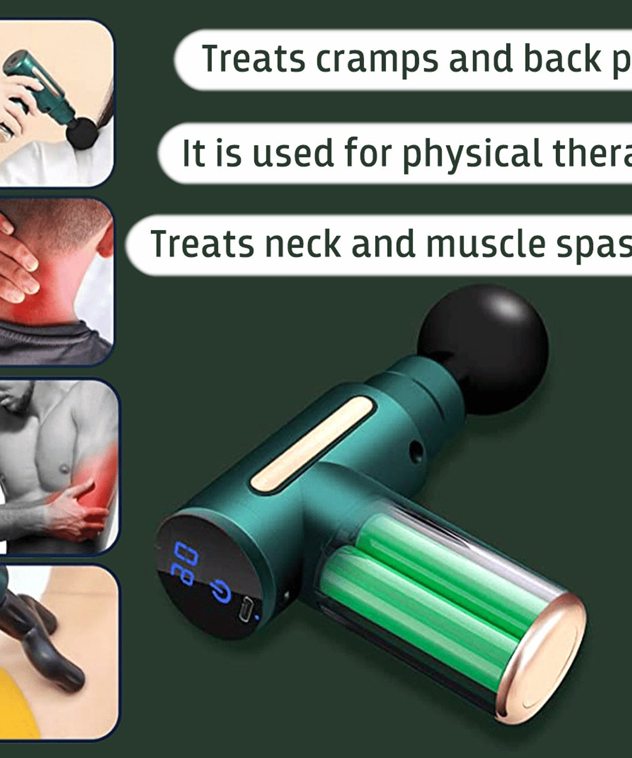 Percussion therapy machine for pain relief, includes multiple massage heads.