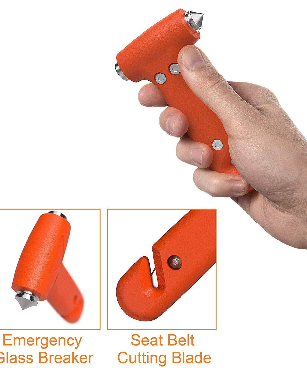 Car safety hammer for emergency situations, includes window breaker and seatbelt cutter