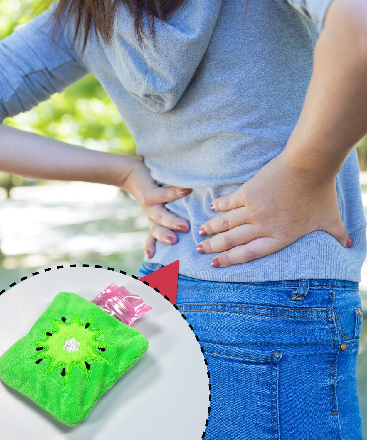 Small green hot water bag with cover for body warmth and pain relief