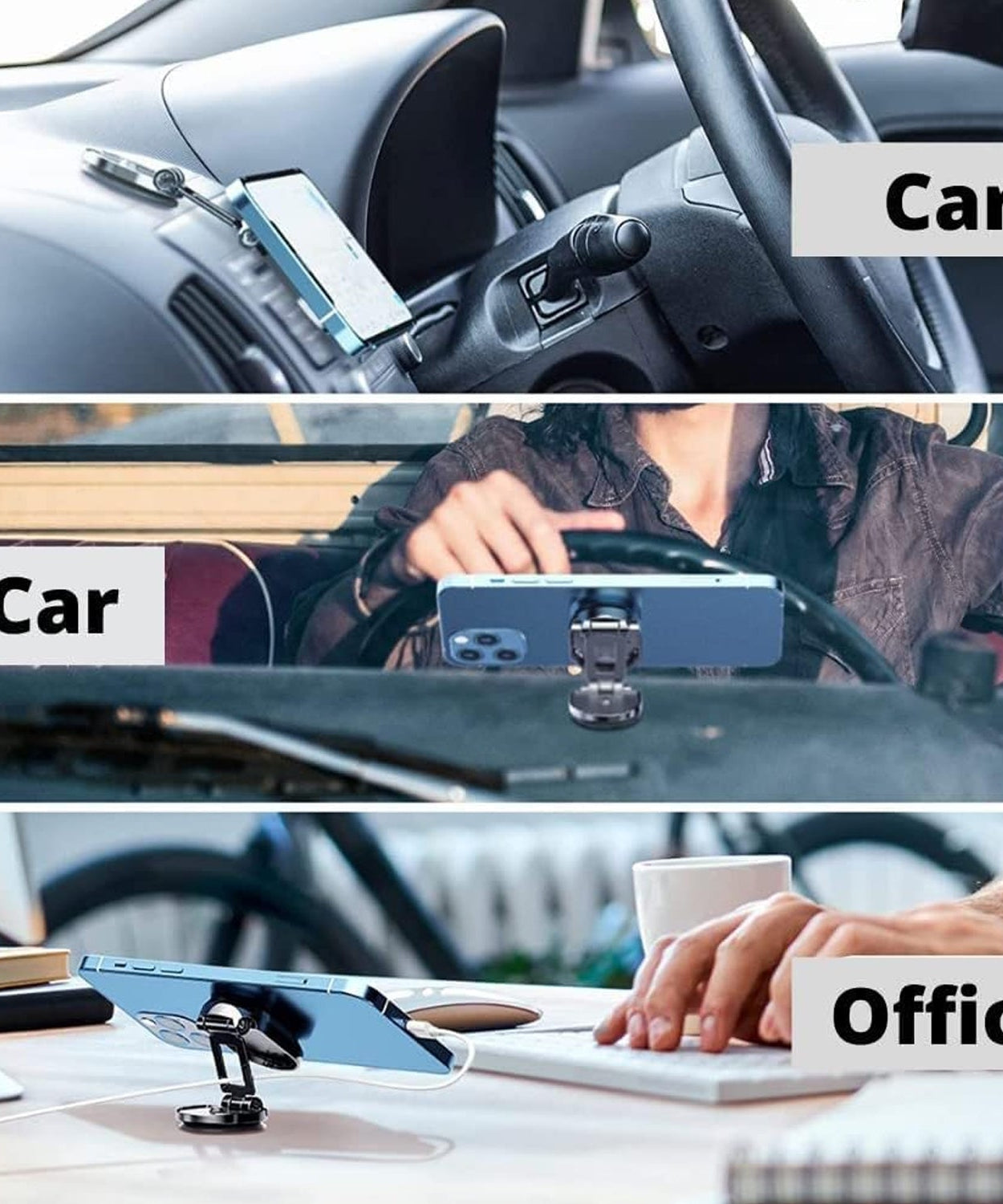 Magnetic car phone holder with 360-degree rotation.