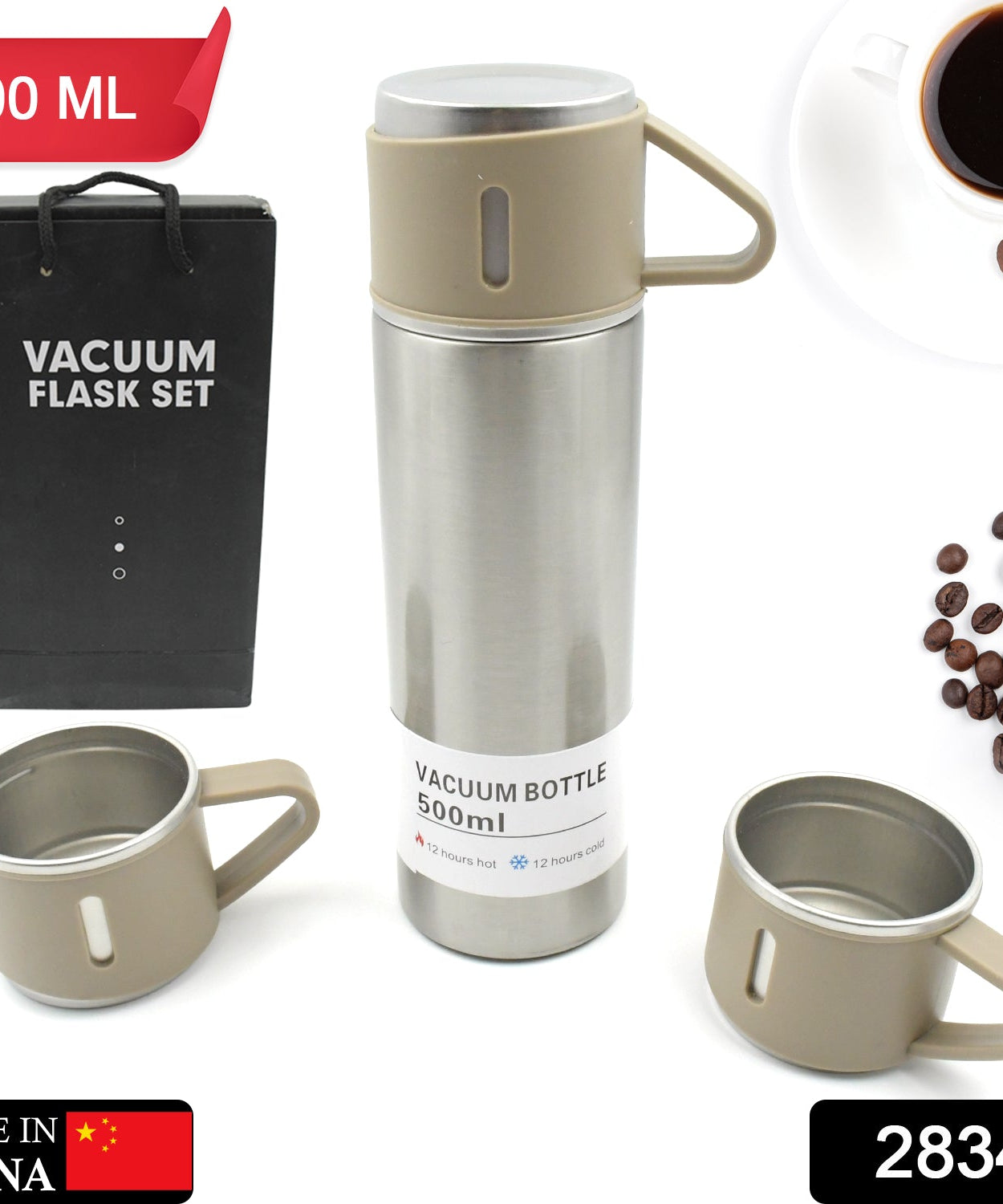 Stainless Steel Vacuum Flask Set with 3 Steel Cups Combo for Coffee Hot Drink and Cold Water Flask Ideal Gifting Travel Friendly Latest Flask Bottle. (500ml)