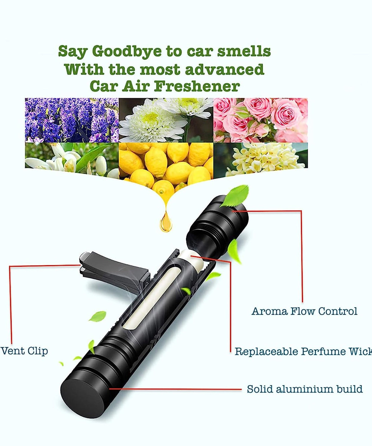 Car air perfume with rotating flow control, magnetic design, available in ocean, lavender, cologne, and lemon.