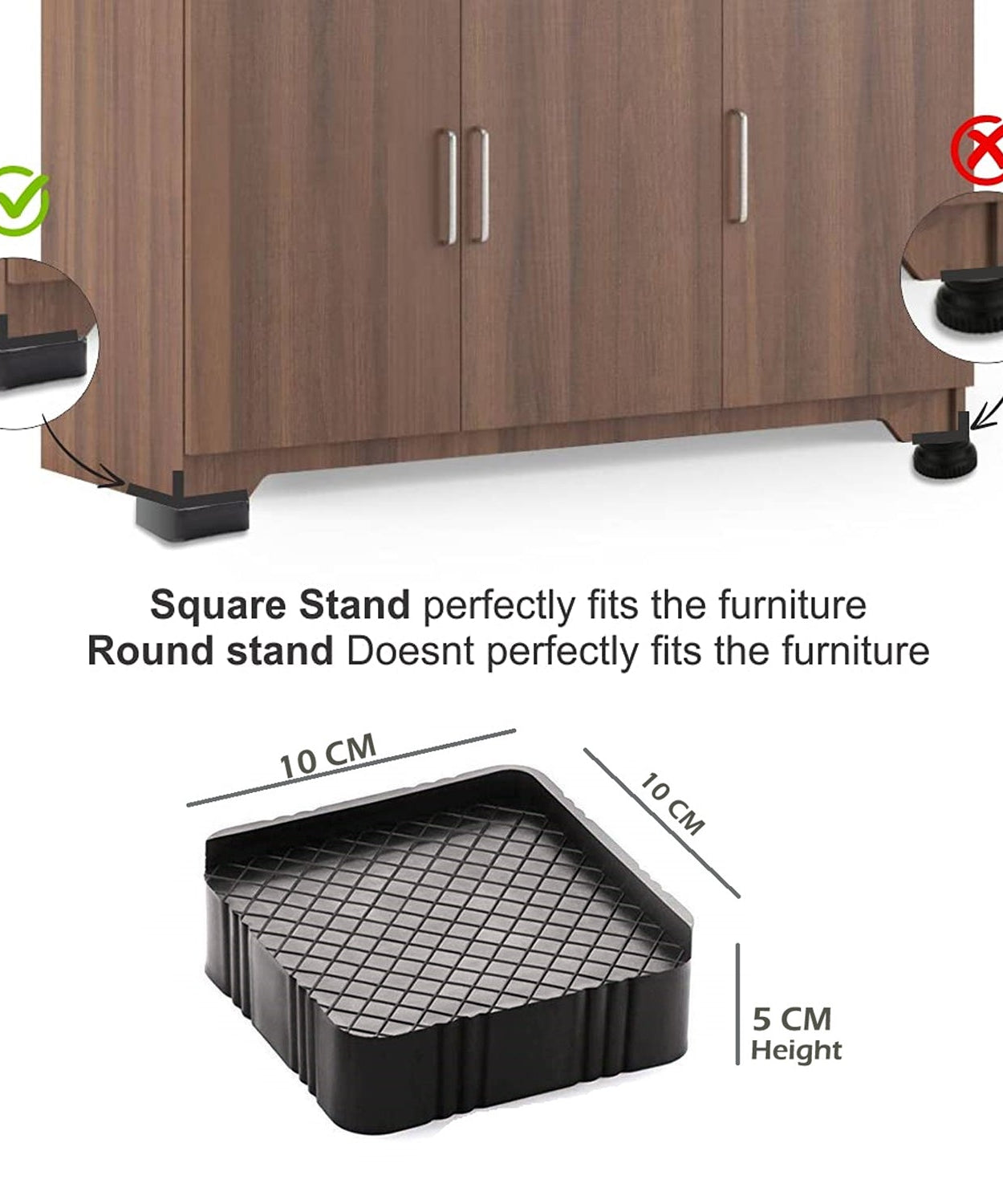 Multipurpose base stands for refrigerator, sofa, and cupboard.