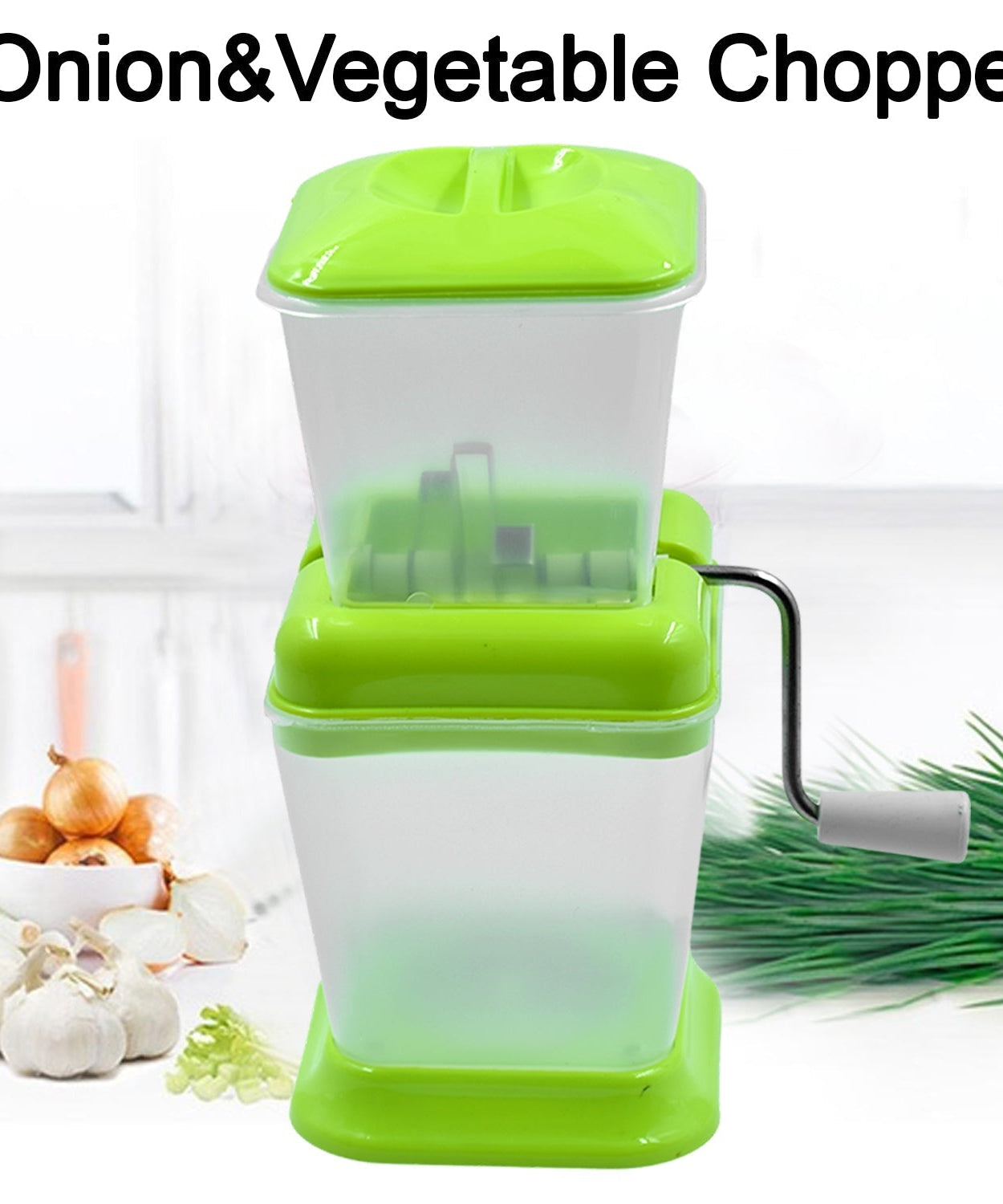 Onion and veggie chopper with rotating blade for fast slicing.
