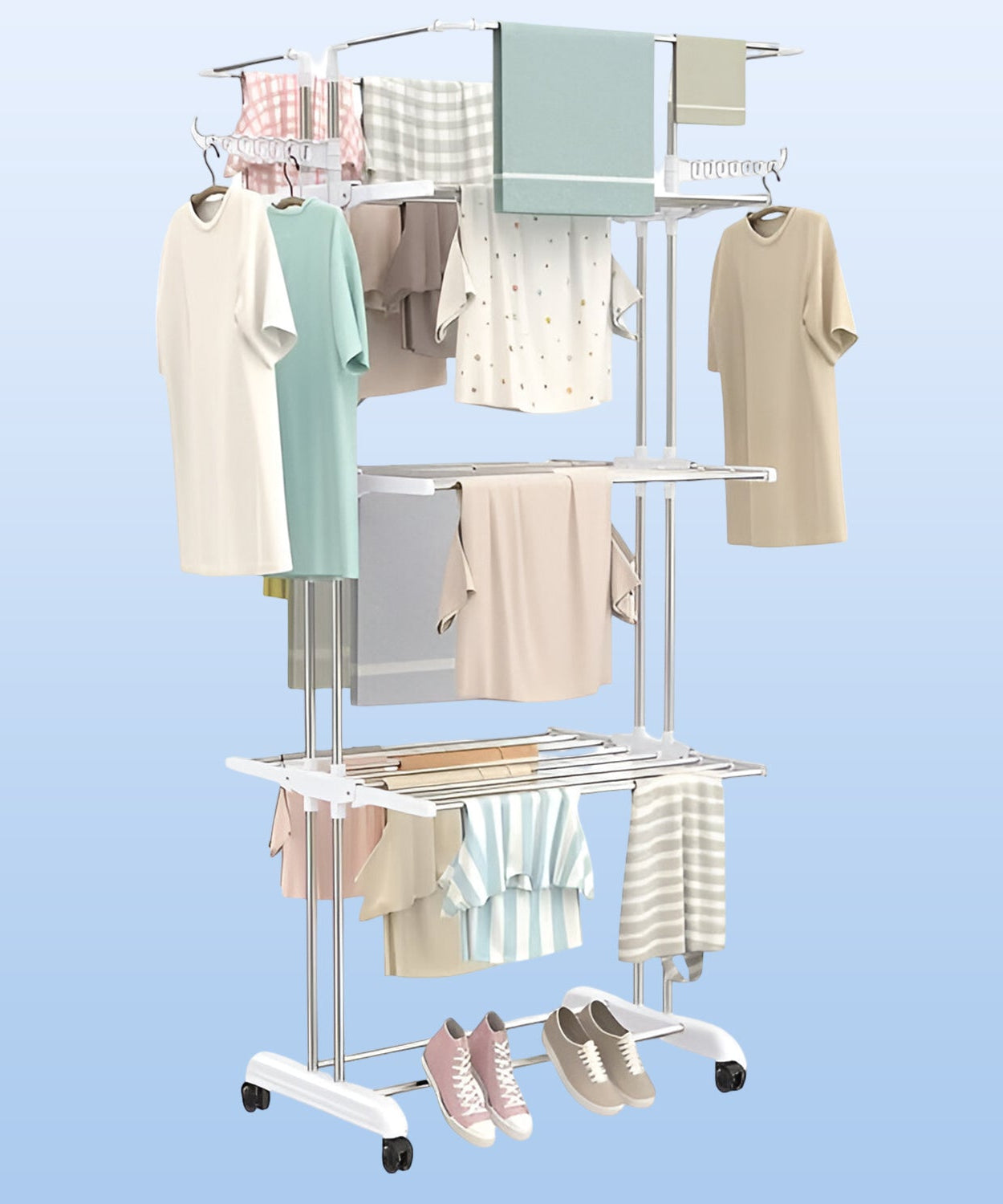 3-Tier Foldable Stainless Steel Cloth Drying Stand with Wheels