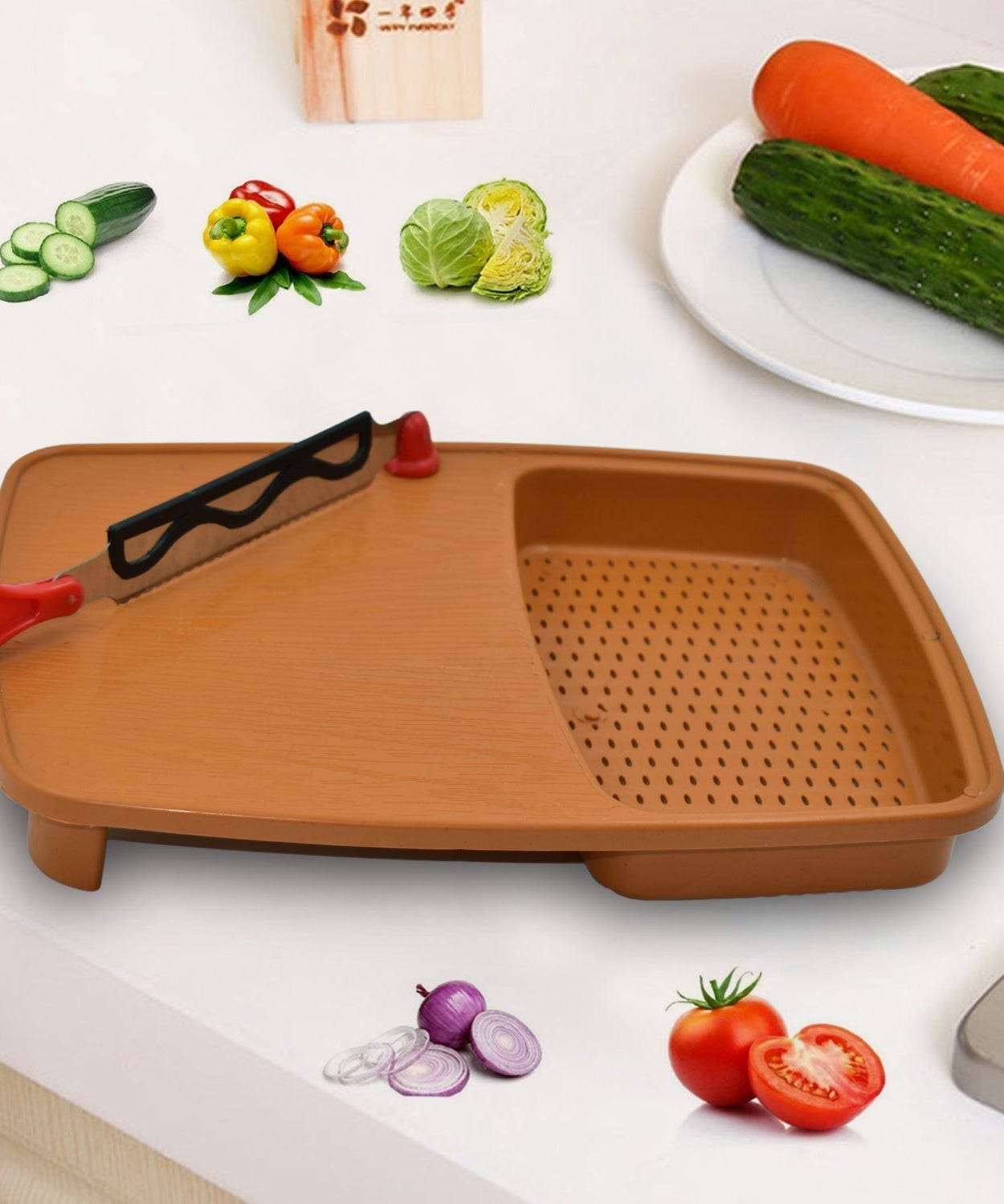 Thick plastic kitchen chopping board with holder.