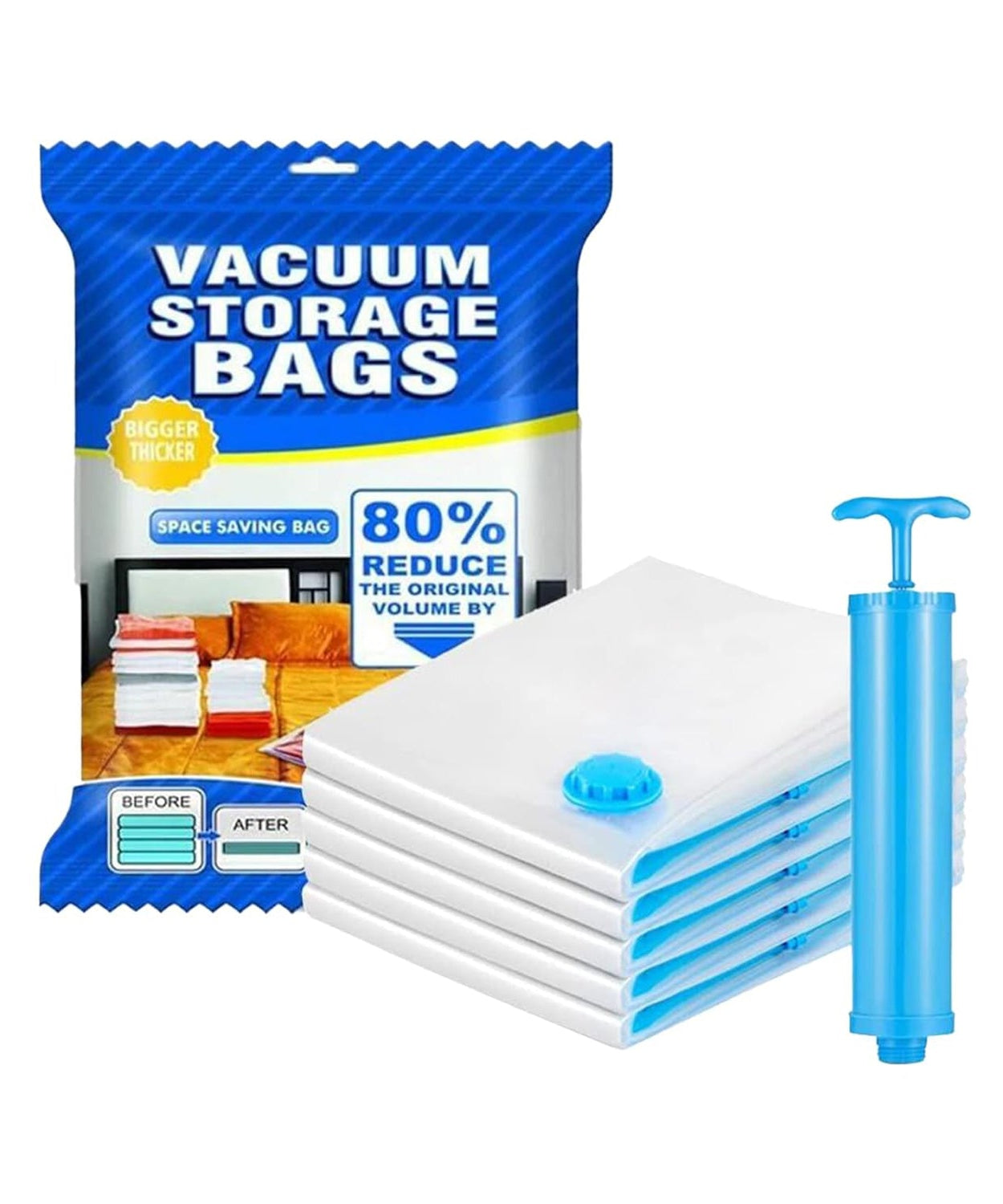 Vacuum Storage Bags with Suction Pump & Shirt clips - Vacuum Bags - Big Capacity Vacuum Seal Bags for Travel Clothes Blankets Pillows, Compression Bags | Space Saver Vacuum Storage Bags (5 Pcs Set)