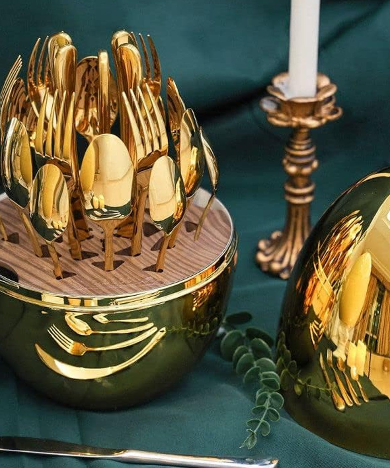 Premium Cutlery Set 24 Pcs with Oval Shaped Stand | Beautiful Stylish Oval Designed Cutlery Sets, Egg-Shaped Luxury Spoon Holder Set  (Golden / 24 pcs set)
