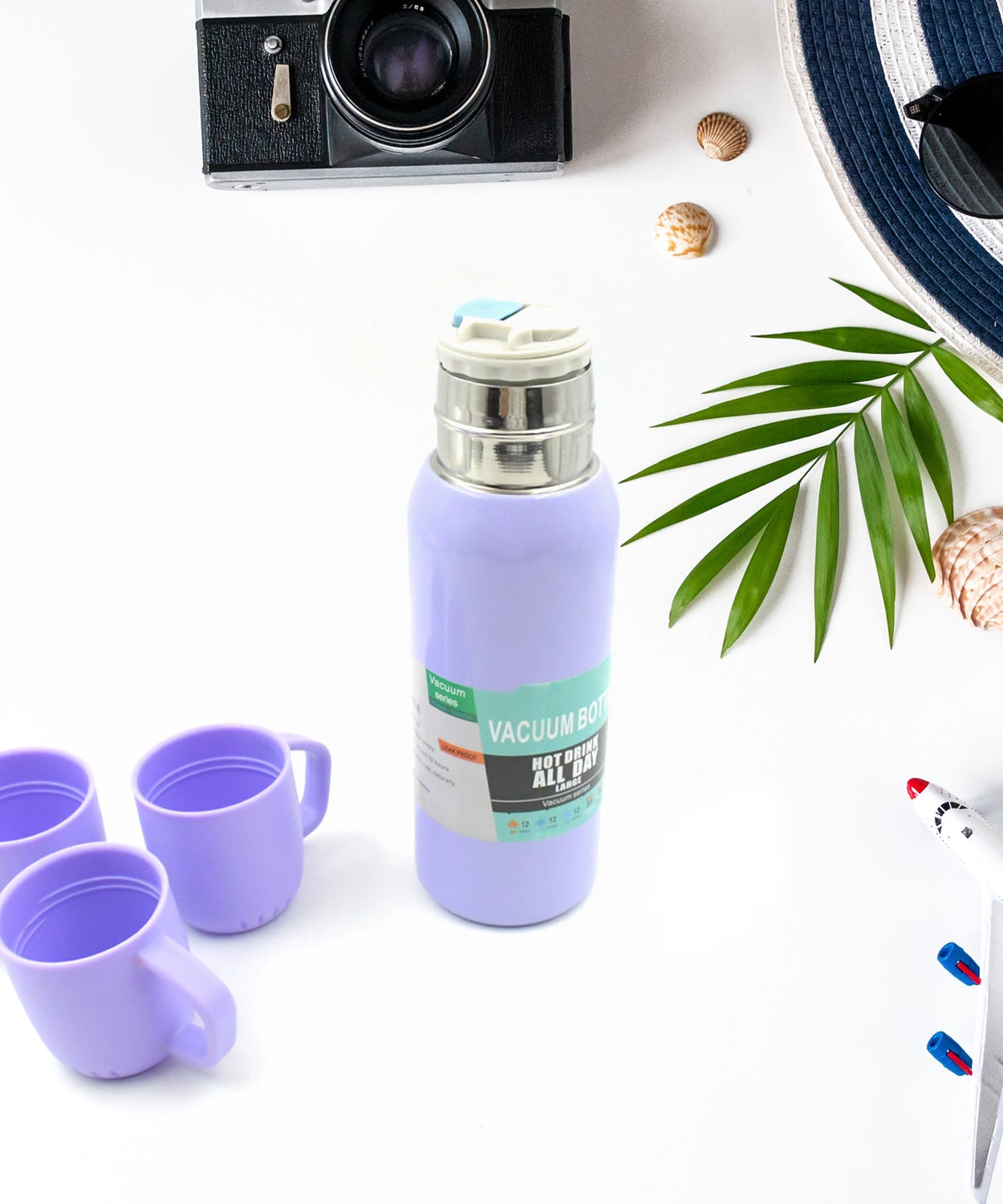 Thermos with 3 cups set, stainless steel, travel-friendly