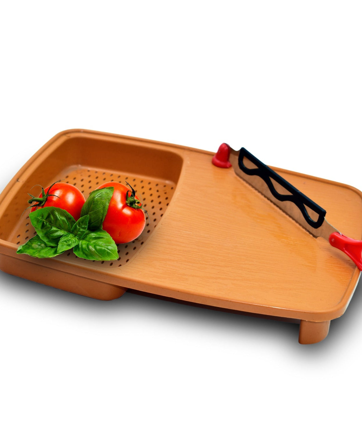 Versatile kitchen chopping tray with built-in holder.