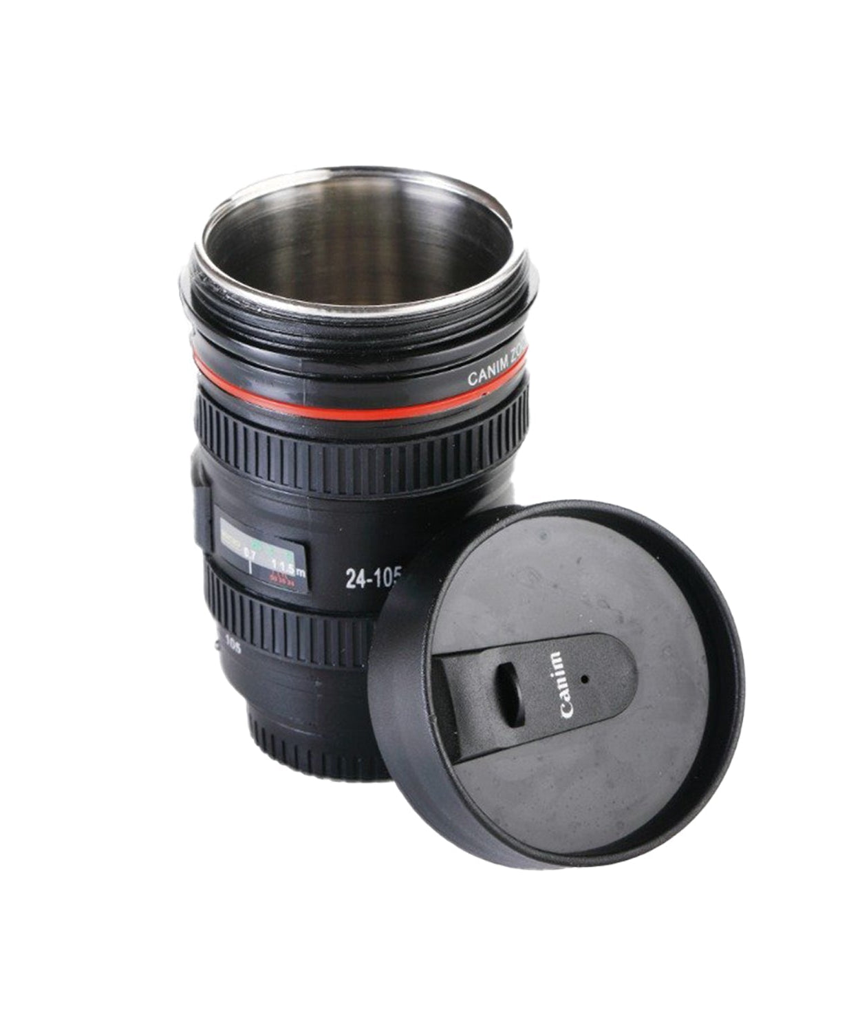 Camera lens shaped mug with lid, perfect for beverages