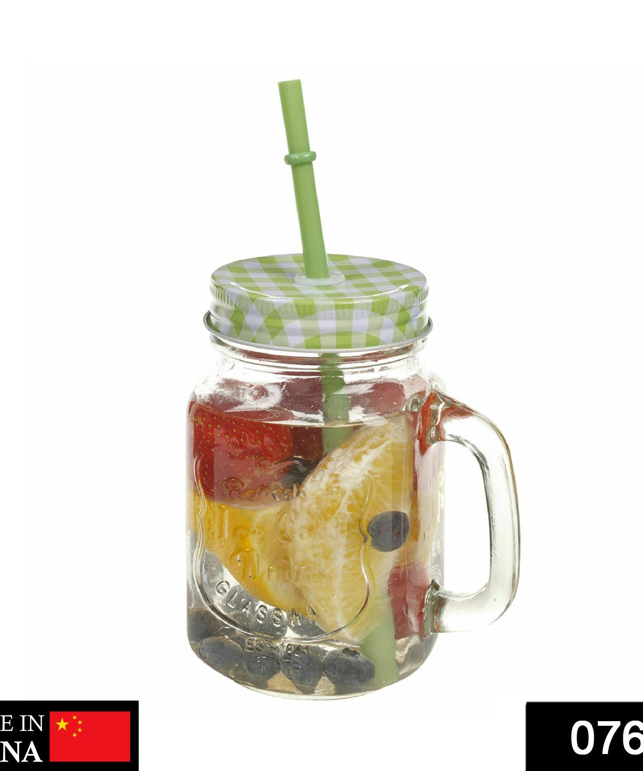 Glass mason jar with straw and handle, perfect for stylish drink presentation.