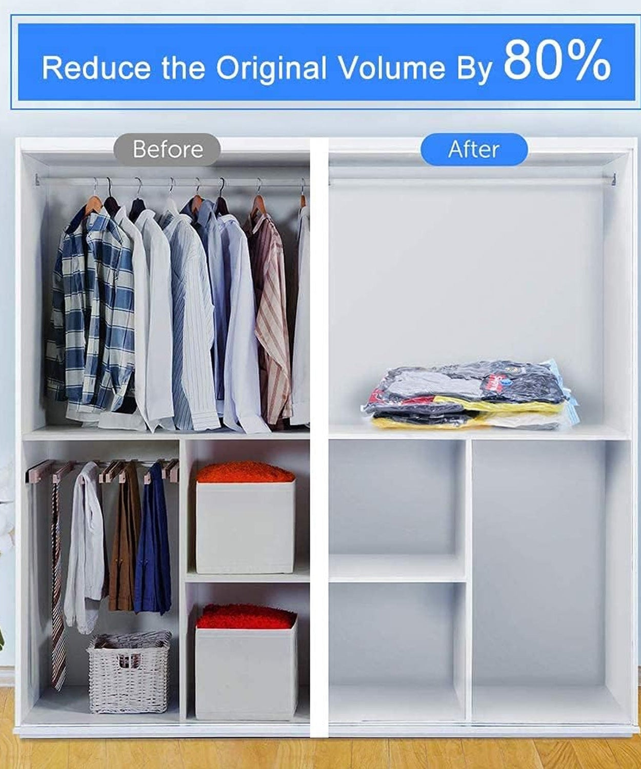 Vacuum Storage Bags with Suction Pump & Shirt clips - Vacuum Bags - Big Capacity Vacuum Seal Bags for Travel Clothes Blankets Pillows, Compression Bags | Space Saver Vacuum Storage Bags (5 Pcs Set)