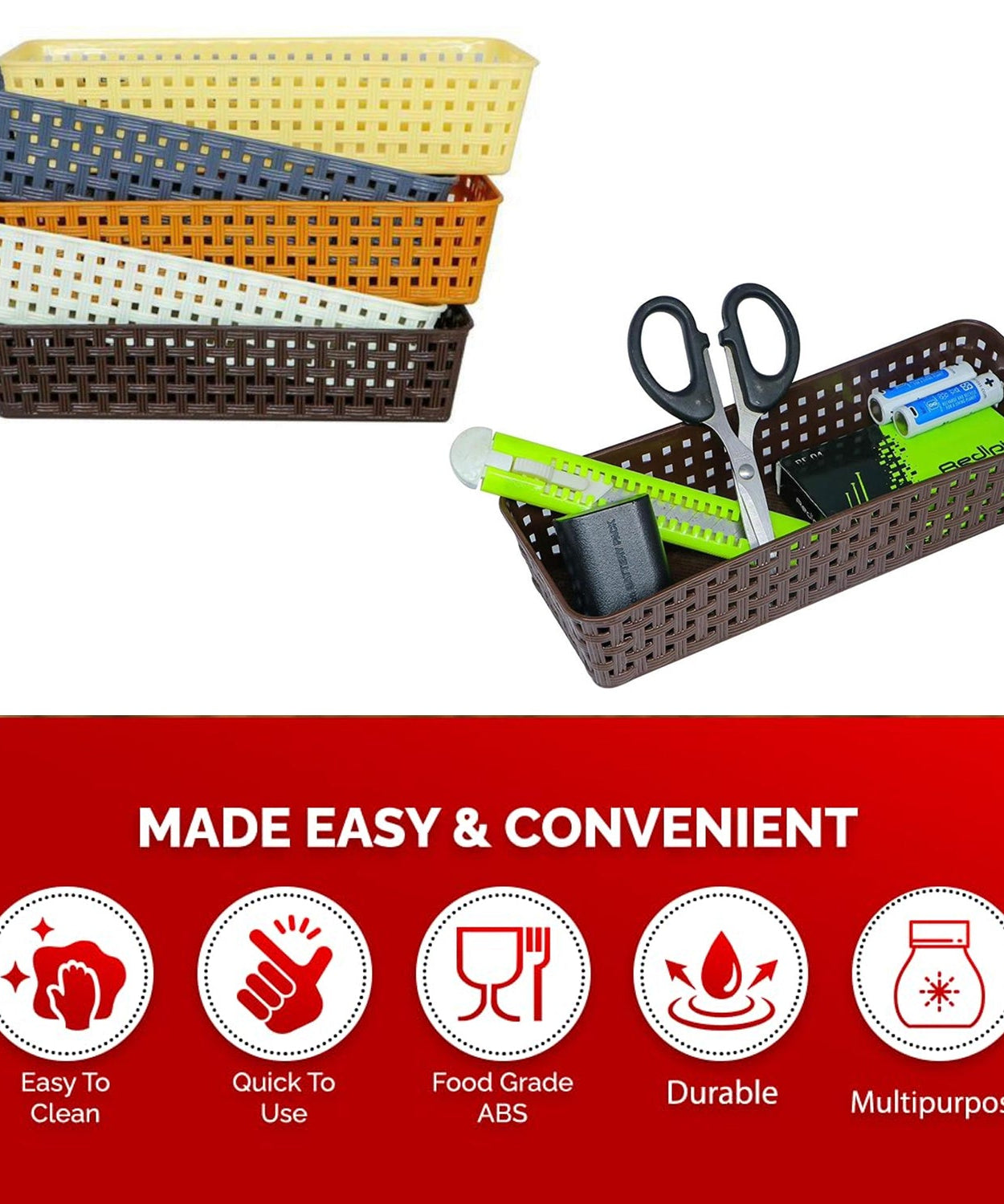 Plastic Multipurpose Desk Organizer Tray Office Drawer Dividers Storage Bins for Kitchen, Bathroom, Office, Makeup, Bedroom Dresser, Craft Basket Rack Multicolour (6 Pcs Set)