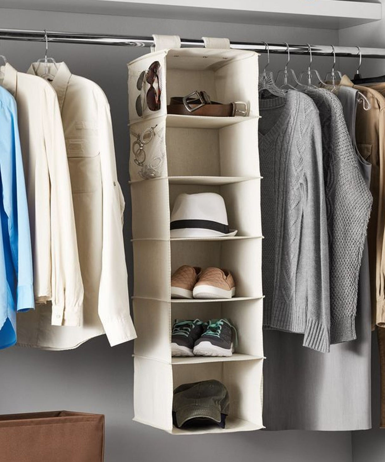 6-shelf hanging closet organizer for clothing.