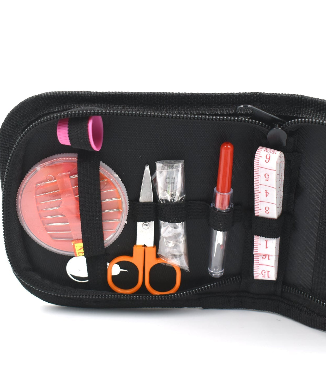 Versatile 48 Pc sewing set in a compact purse for home use and travel.