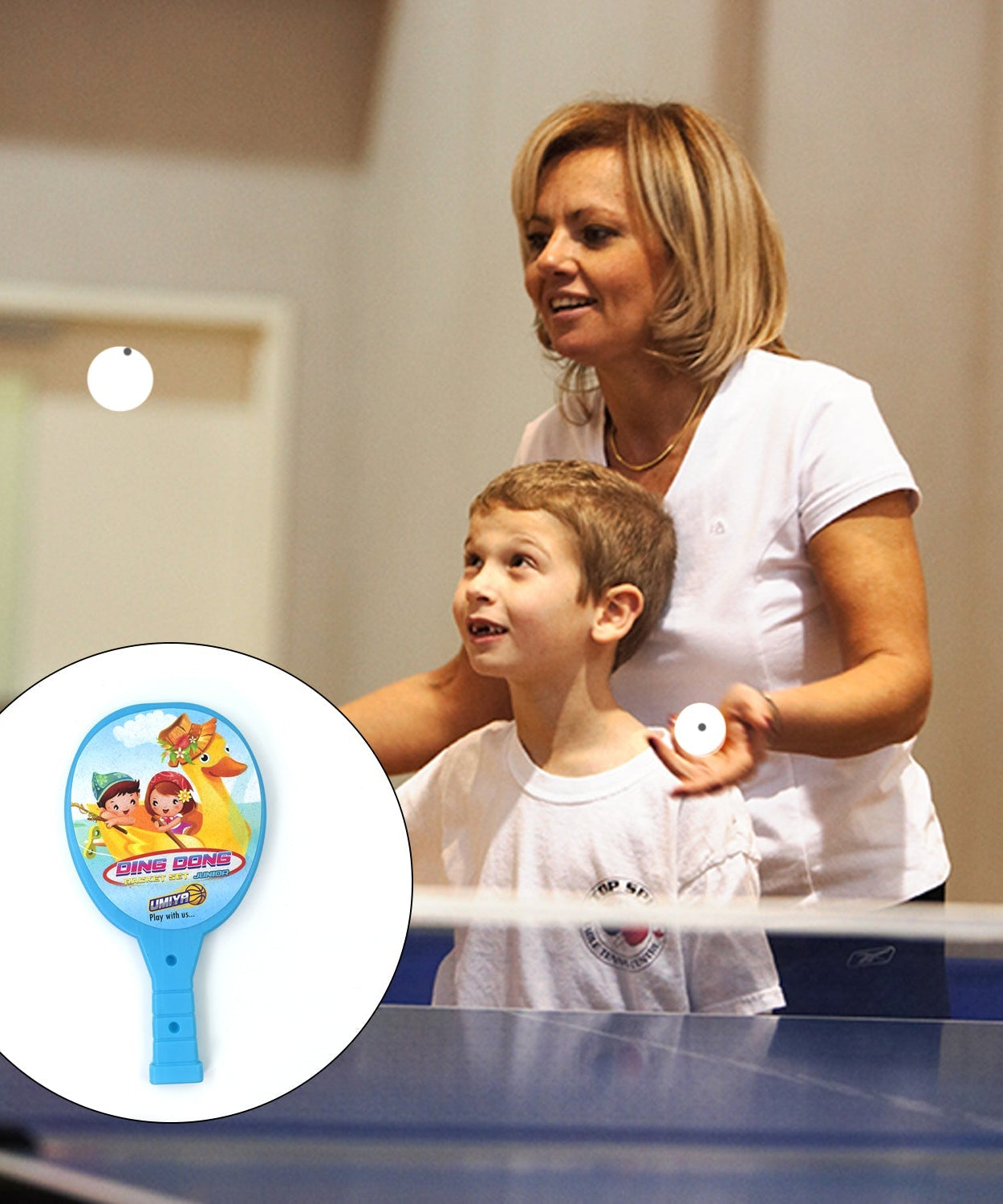 Kids' plastic table tennis rackets and ball set.