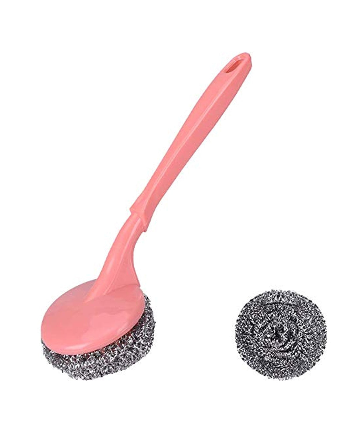 Scrubber with handle for kitchen cleaning, suitable for hard stains.