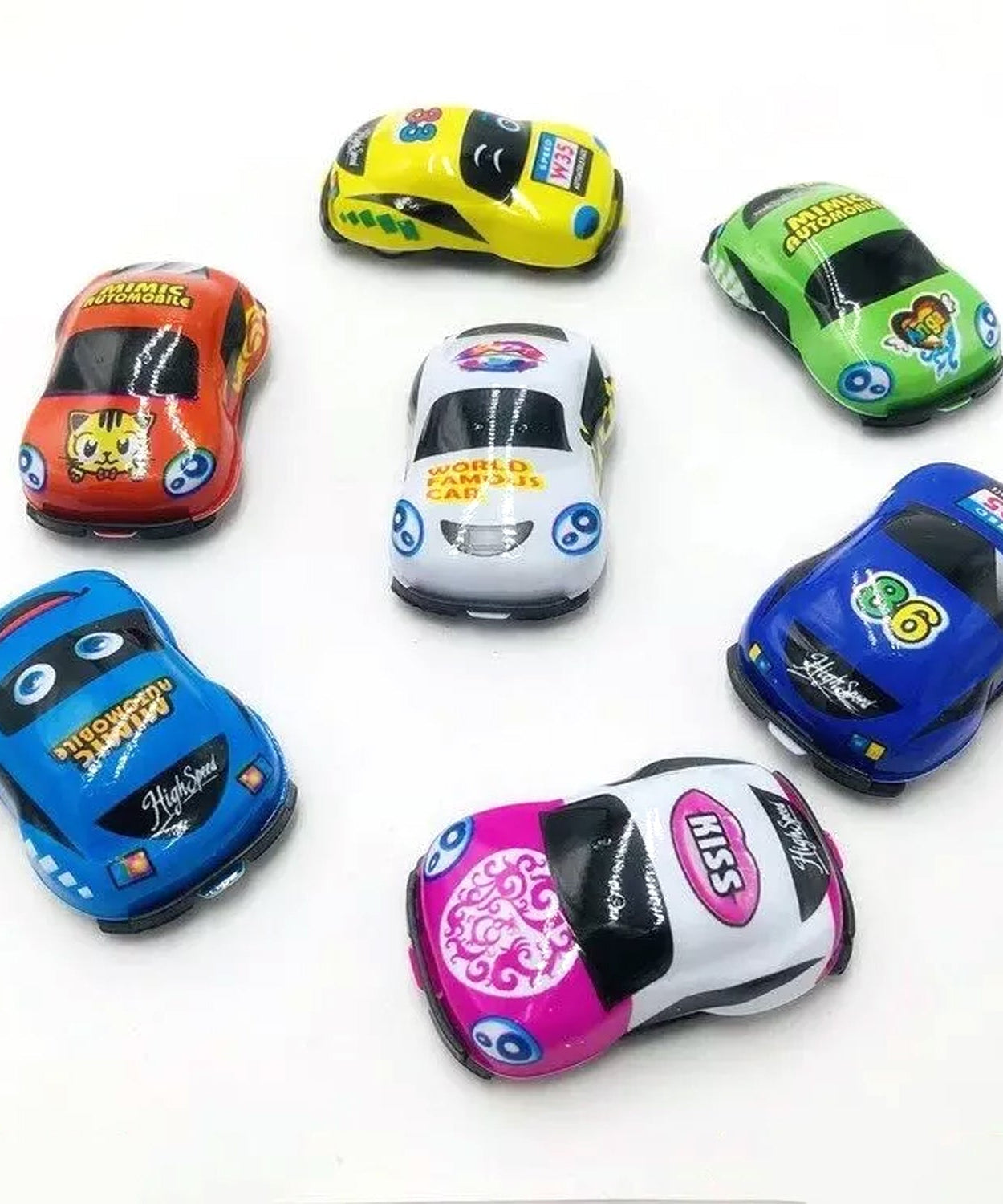 Group of mini pull back cars, showcasing different designs for children.