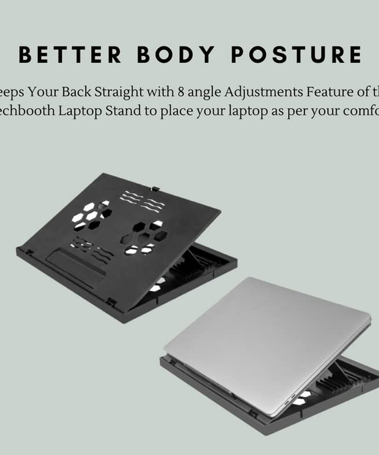 Foldable laptop stand with phone holder, for desk use with notebooks and tablets.