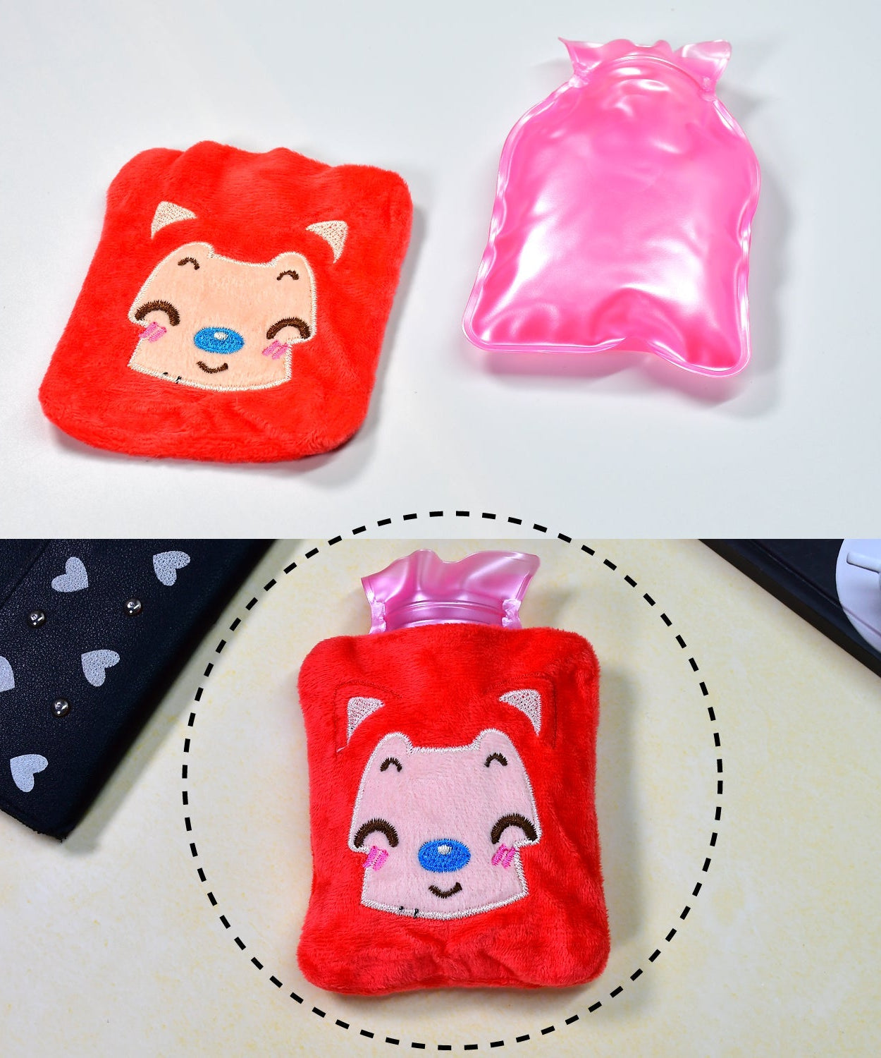 Pink cat-shaped hot water bag with cover for pain relief
