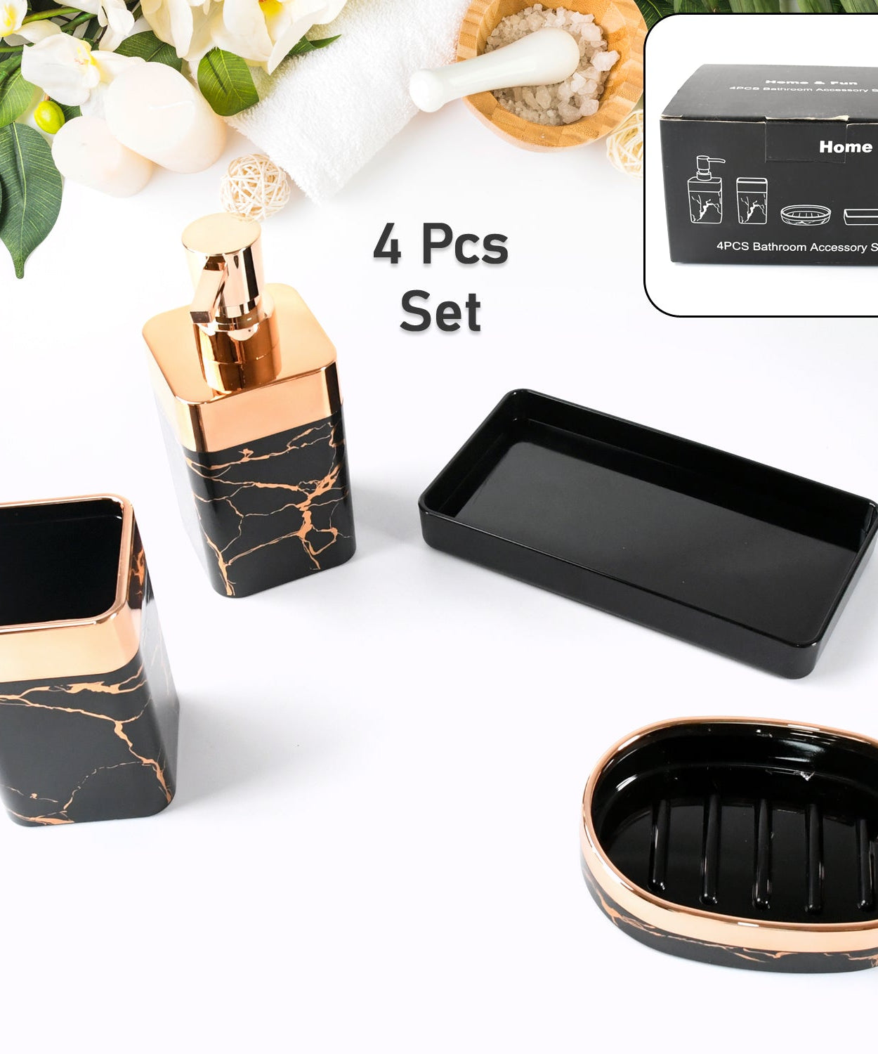 Bathroom Accessories Set, Bathroom Decor with 1 Soap Dispenser, 1 Tumbler, 1 Tray, 1 Soap Dish for Bathroom, Kitchen, Office, Gift for Women and Men (4 pcs set)
