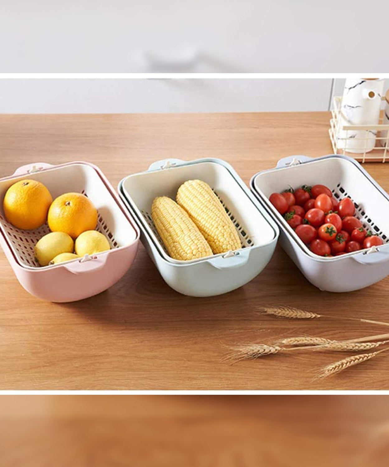 Plastic strainer bowl with handles, ideal for kitchen use