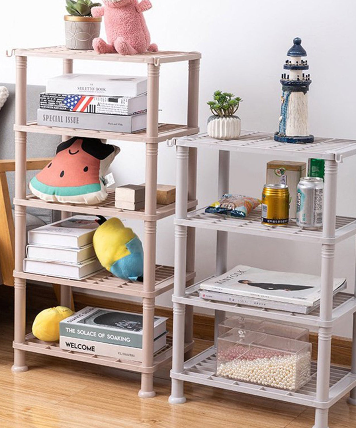 Narrow 4-layer shelf organizer, suitable for kitchen or bathroom storage needs.