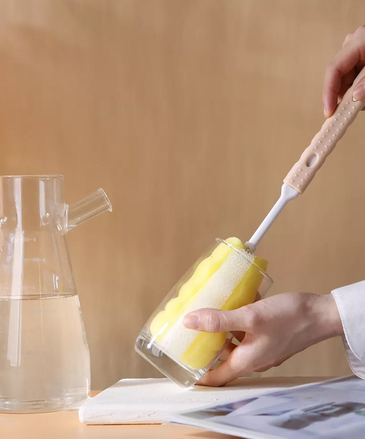 Household cleaning brush with sponge for milk bottles