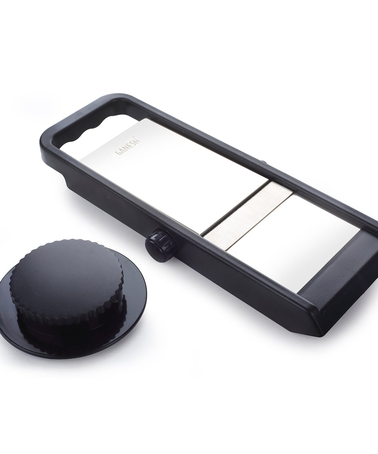 Adjustable plastic slicer by Ganesh, black and silver, 1 piece.