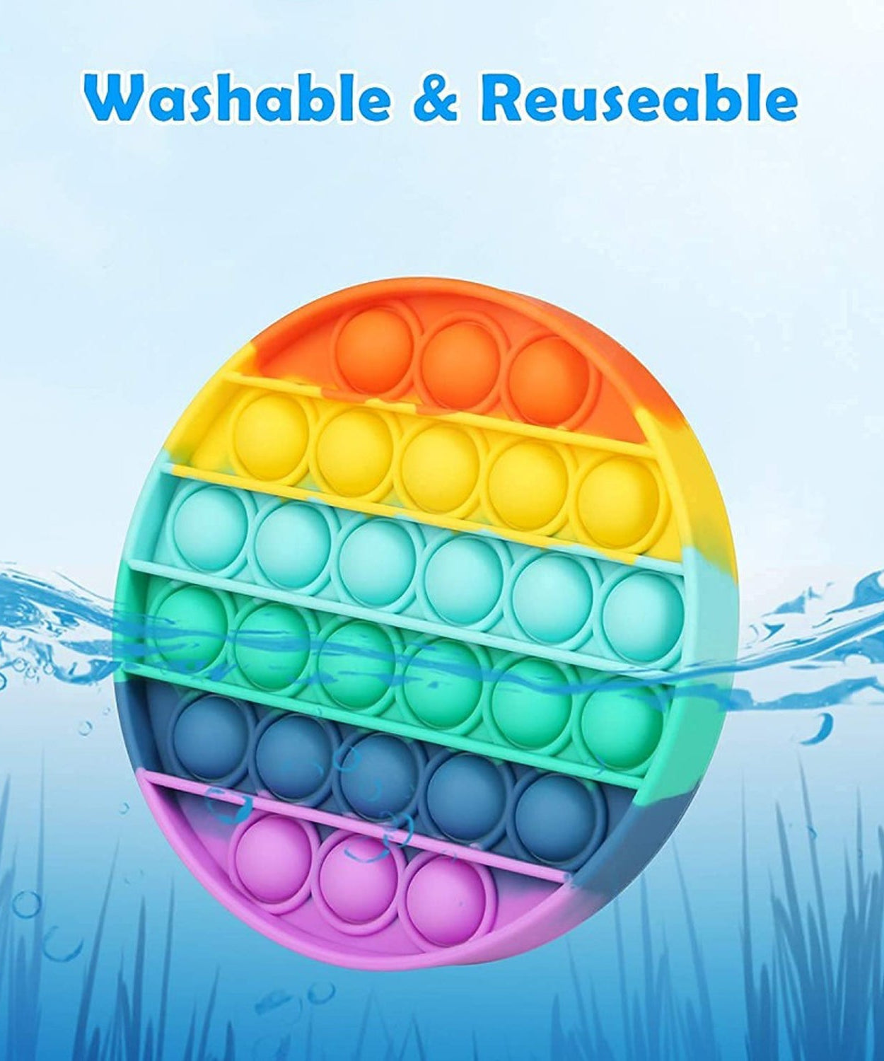 Round stress relief toy with bubble ping.