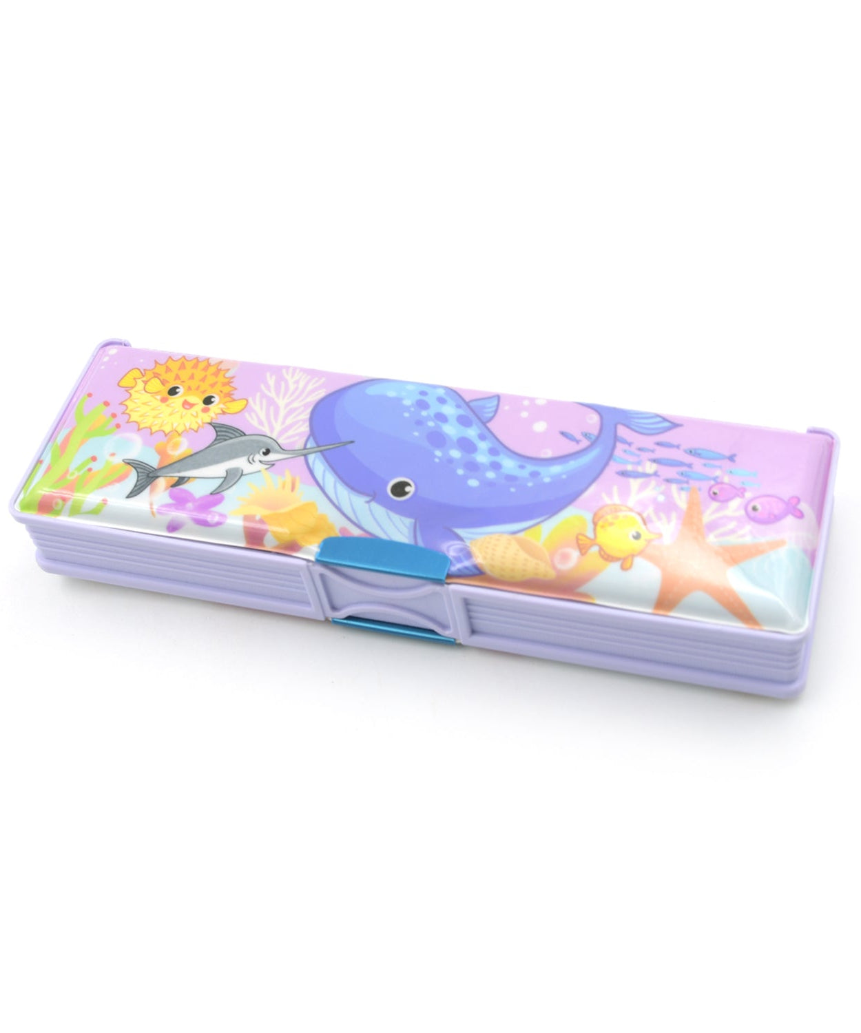 Plastic pencil box with vibrant cartoon print, ideal for school