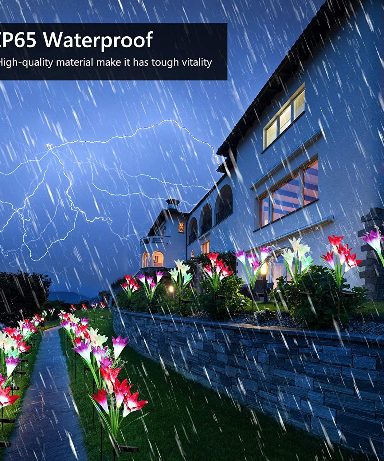 Outdoor solar lily lights, garden decoration, evening view