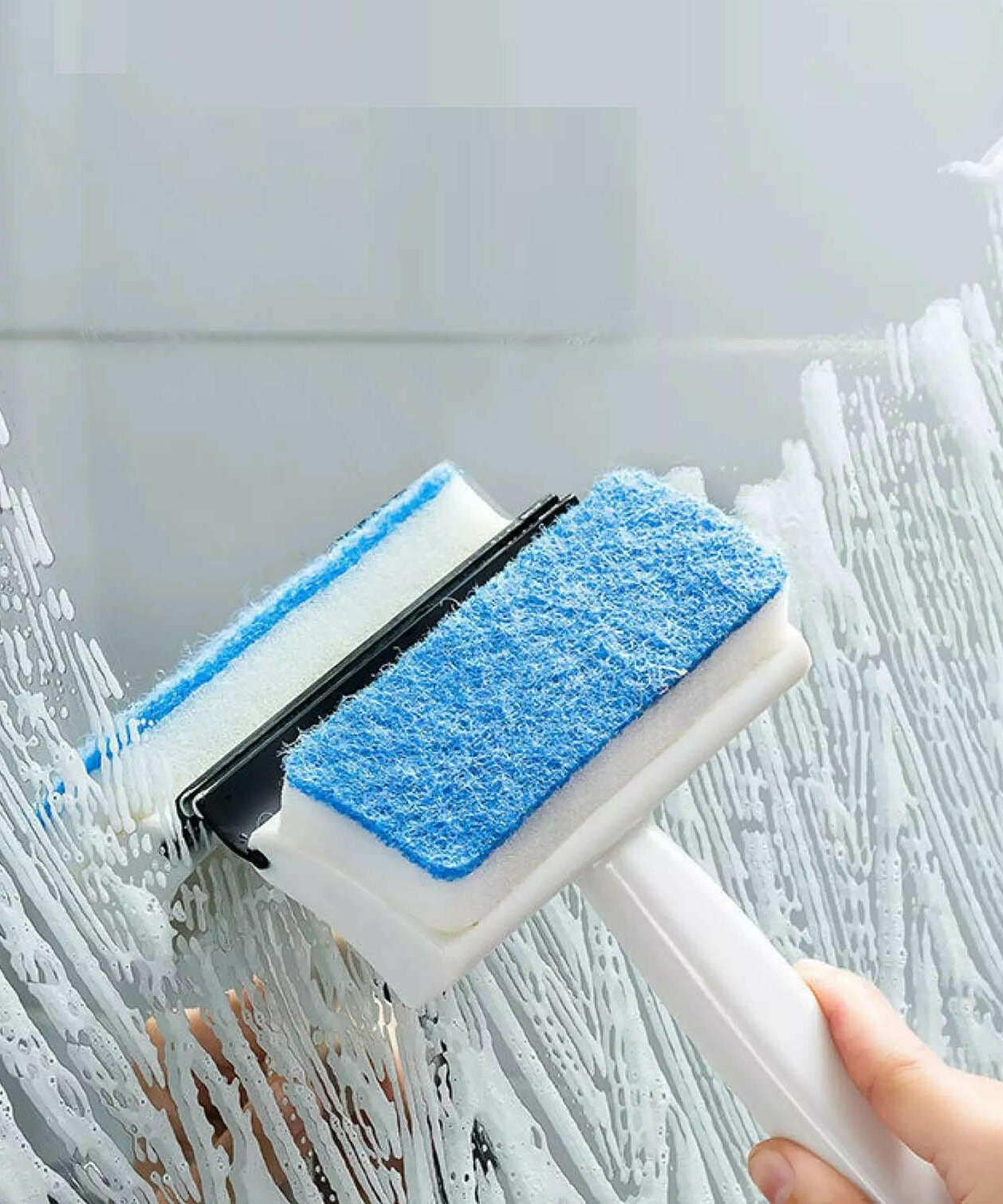 Glass wiper and cleaning brush for mirrors and tiles