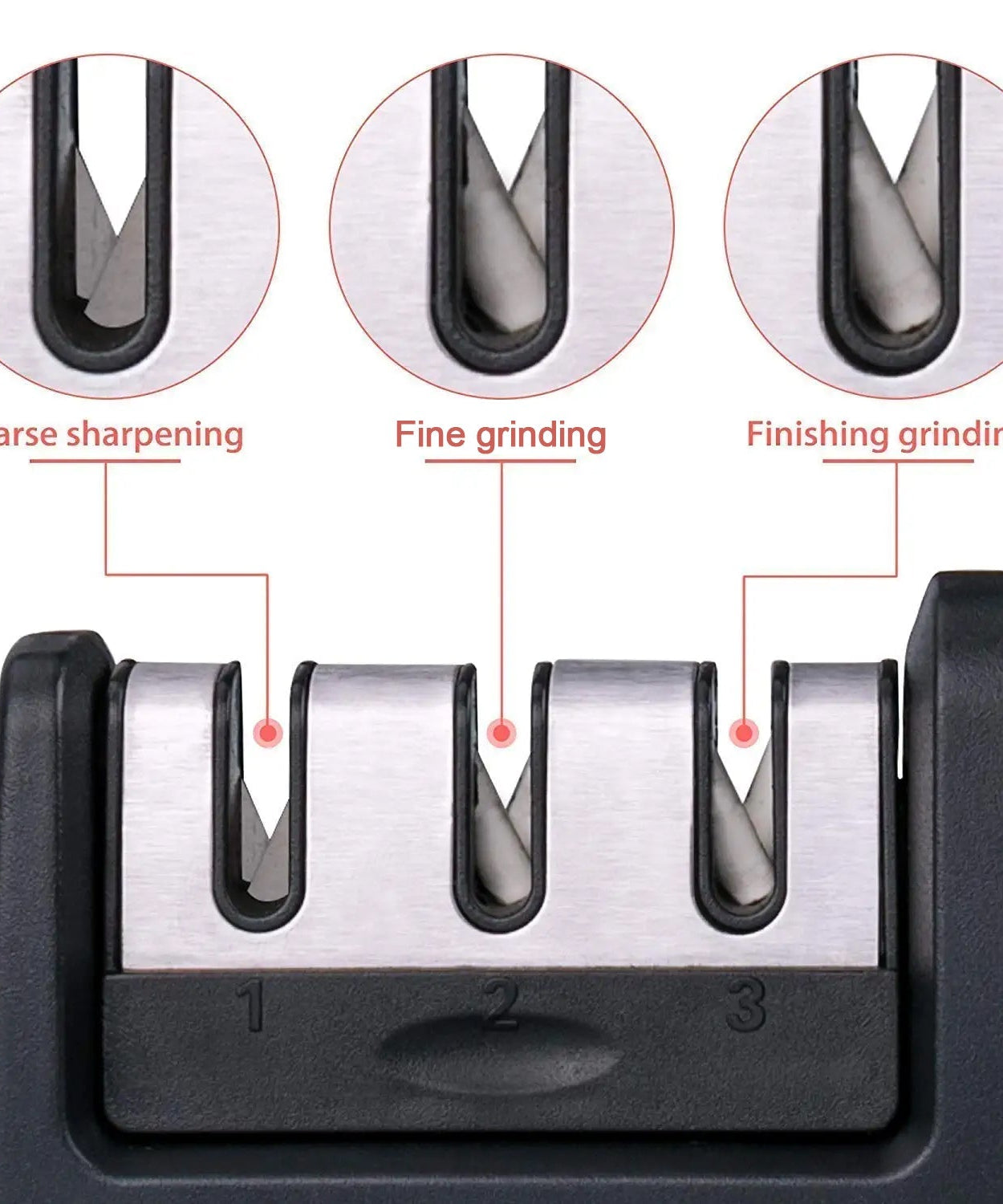 Red knife sharpener with 3 stages for precise sharpening