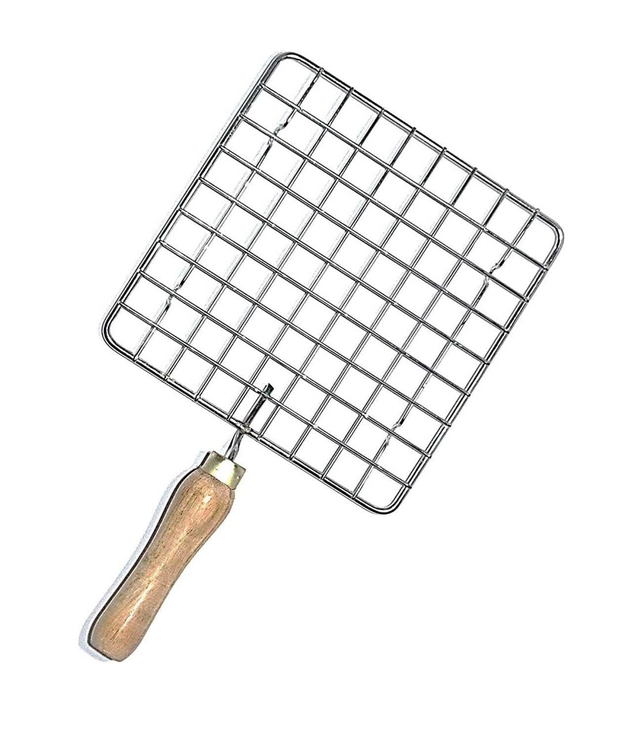 Square roaster with stainless steel mesh and wooden handle.