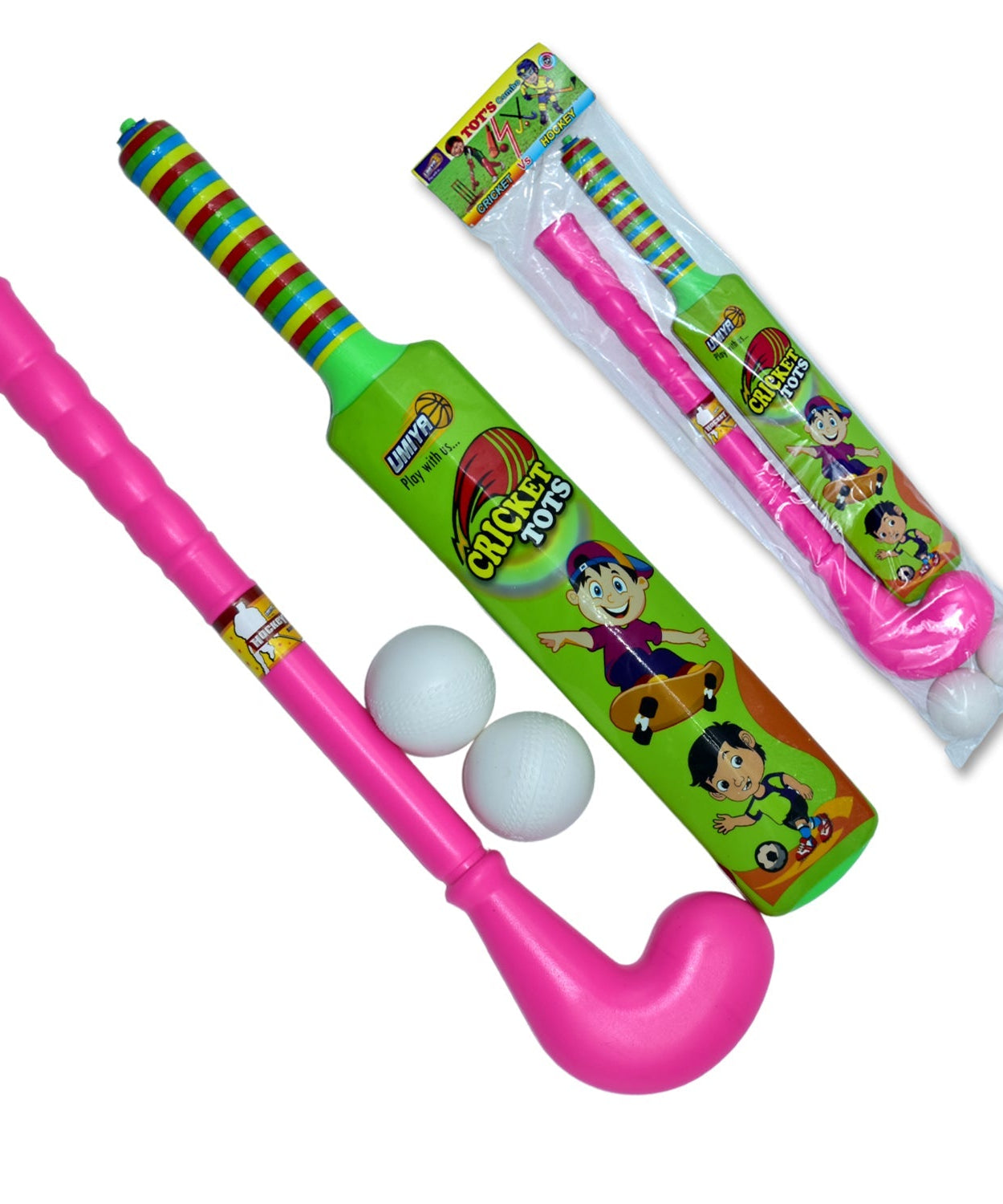 Close-up of plastic bat, ball, and hockey set for kids